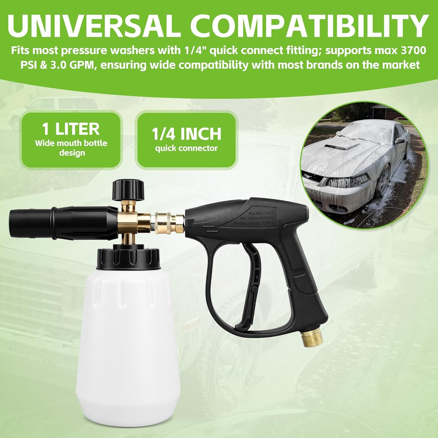 Foam Cannon for Greenworks Pressure Washer, 1L | 3700 PSI, 1/4″ Quick Connect, A