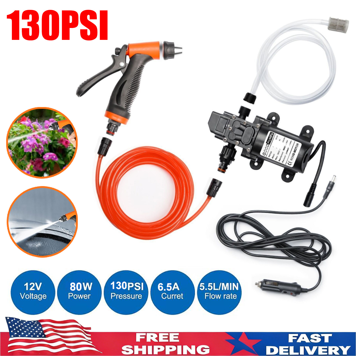 12V Pressure Washer For Car Portable Power Washer 130PSI Self-Priming Wash Pump