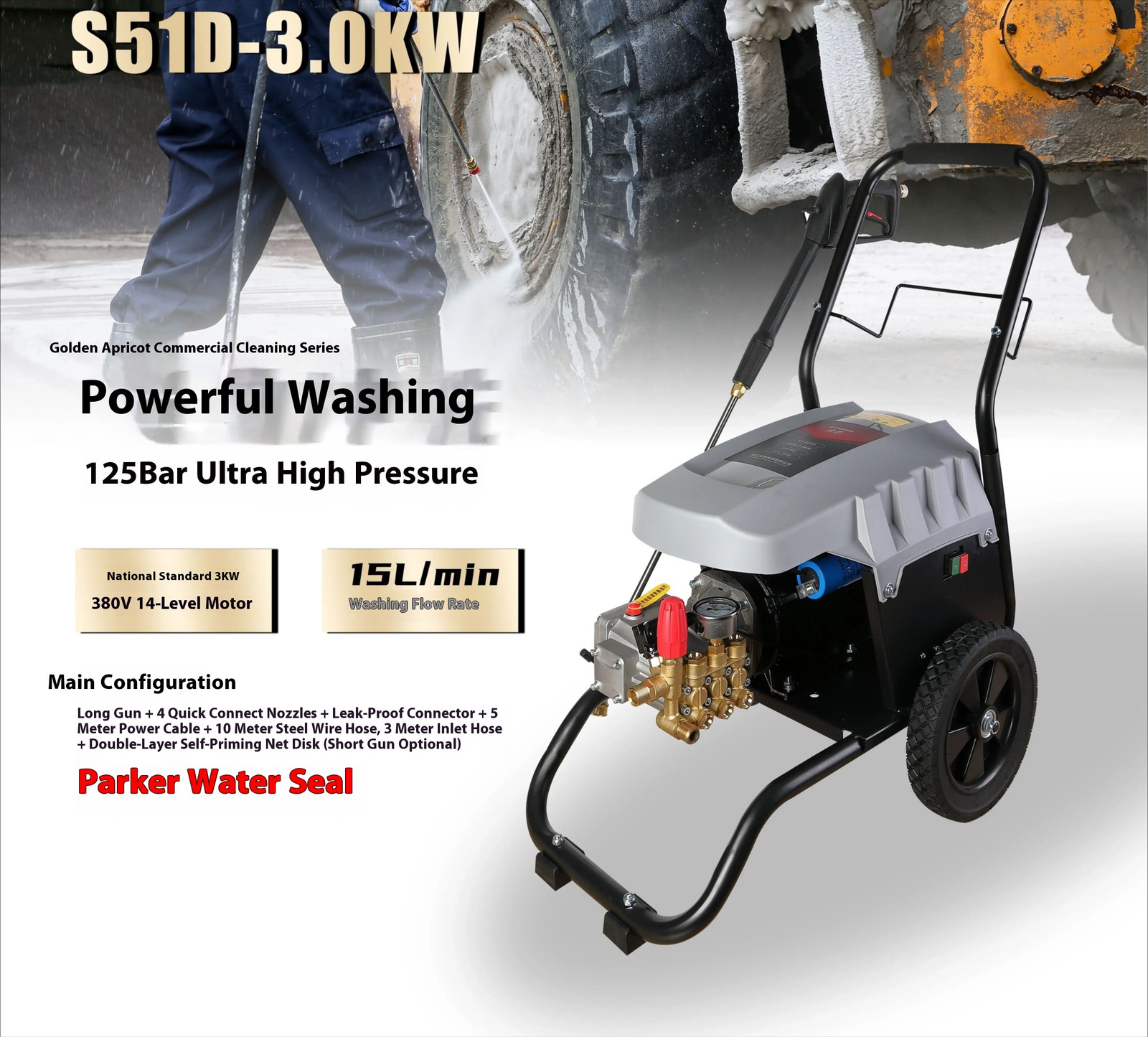 Industrial 3KW Car Washer High Pressure 125bar Water Cleaning Machine 380V
