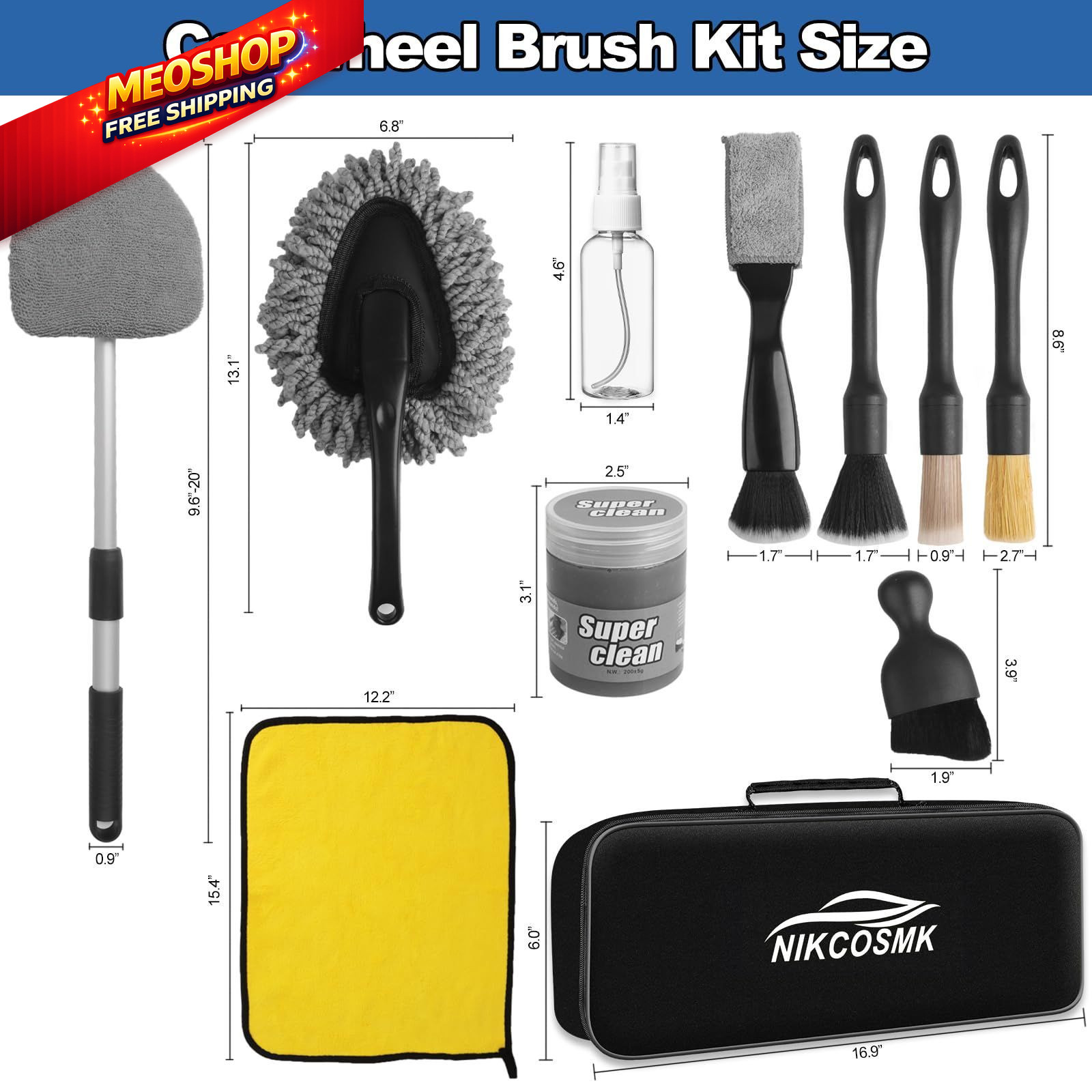 NIKCOSMK Windshield Cleaner Tool, 14Pcs Car Cleaning Kit – Interior Black