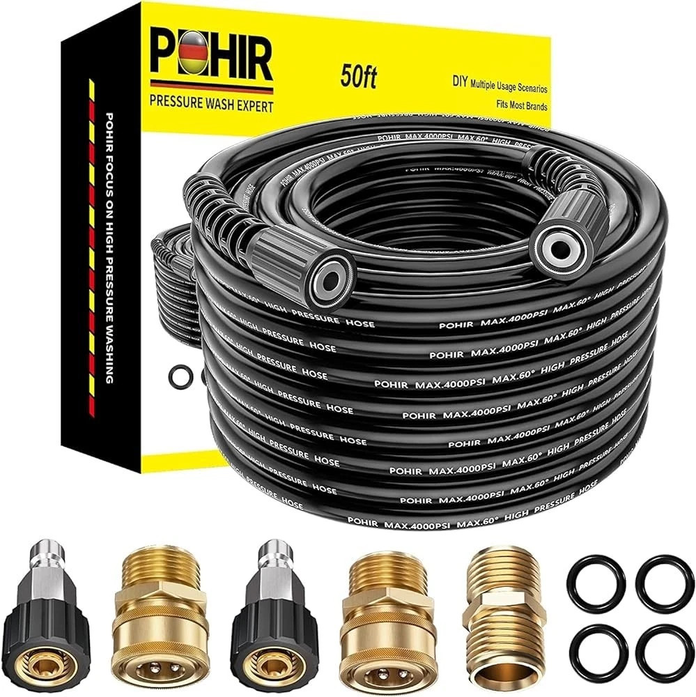 POHIR 50FT Pressure Washer Hose 1/4″ 4000PSI Kink Resistant Power Washer Hose
