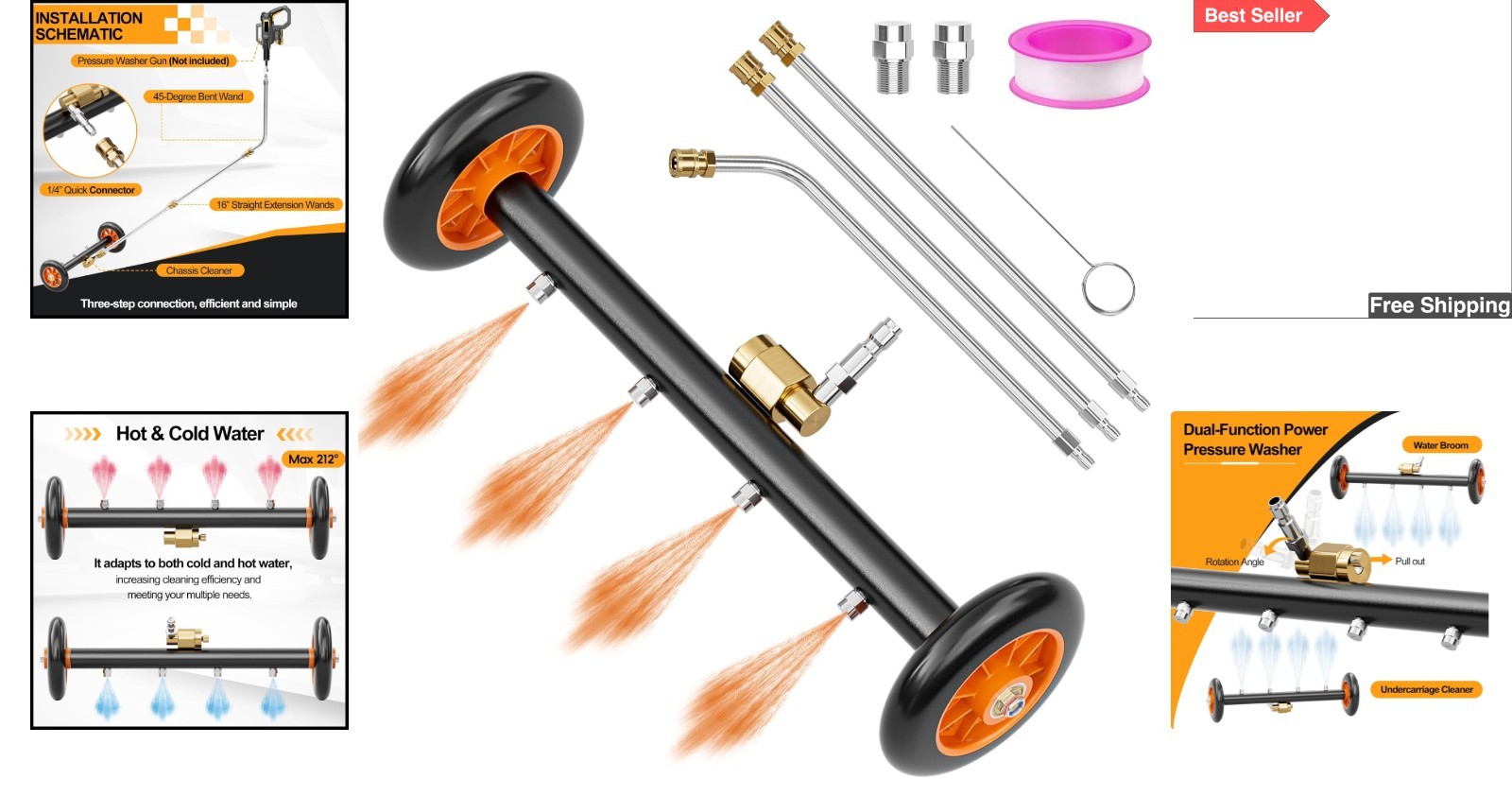 16 Inch Adjustable Pressure Washer Water Broom – Dual-Function Undercarriage …