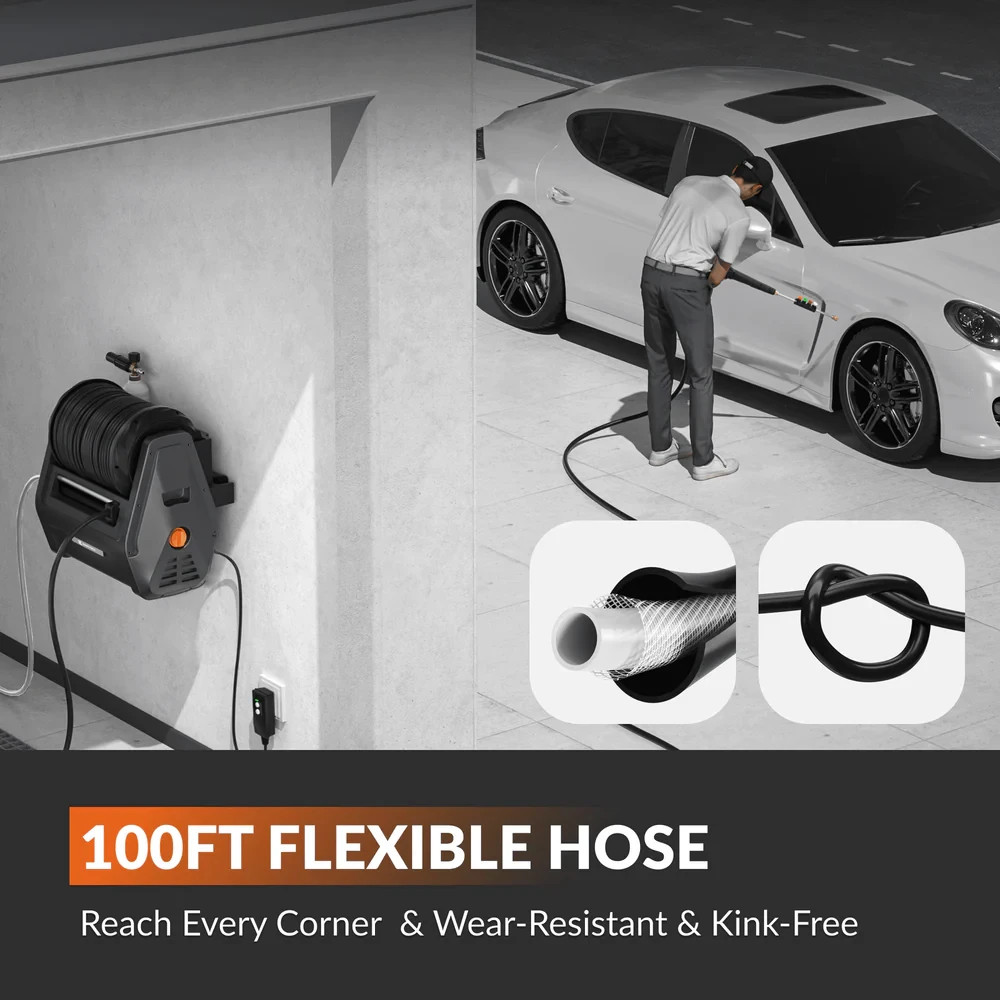 Giraffe Tools Grandfalls Retractable Pressure Washer Plus Wall Mount 100FT Hose