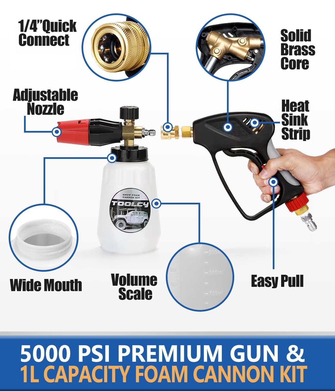 TOOLCY Foam Cannon Kit with Pressure Washer Gun 5000 PSI,5 Nozzle Tips