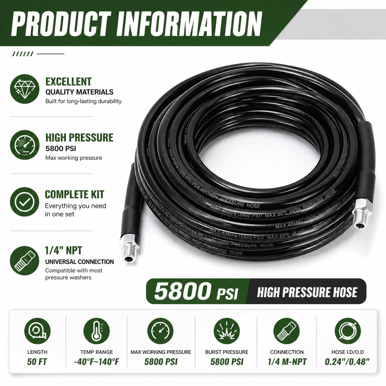 50FT Pressure Washer Jetter Kit with Corner Rotator Drain Cleaning Hose