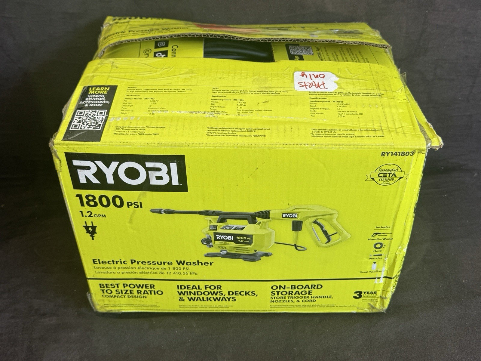 RYOBI RY141803 1800 PSI 1.2 GPM Electric Pressure Washer – For Parts Only