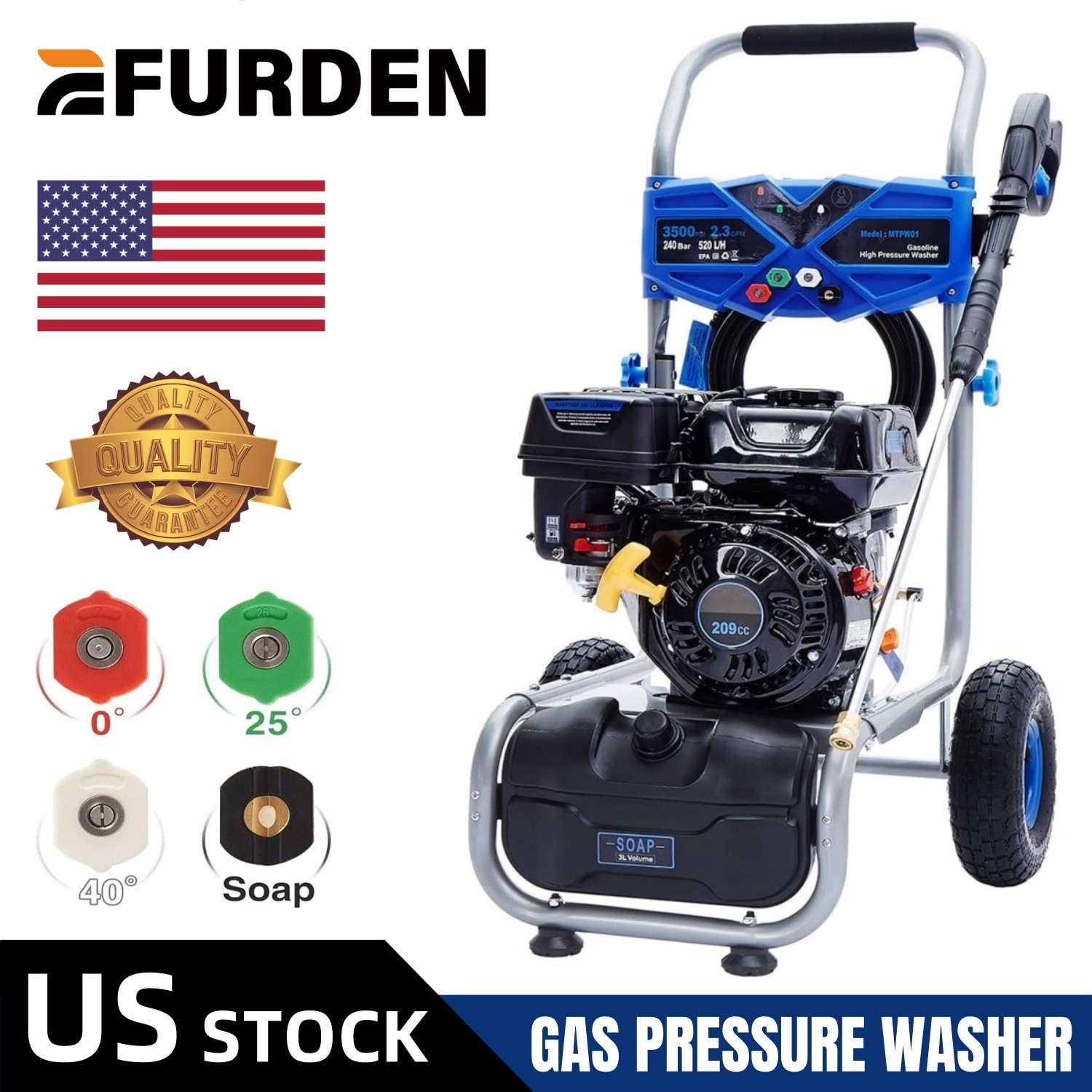 Efurden Cold Water High Pressure Washer 3500PSI 2.3GPM with Soap Tank&25ft Hose