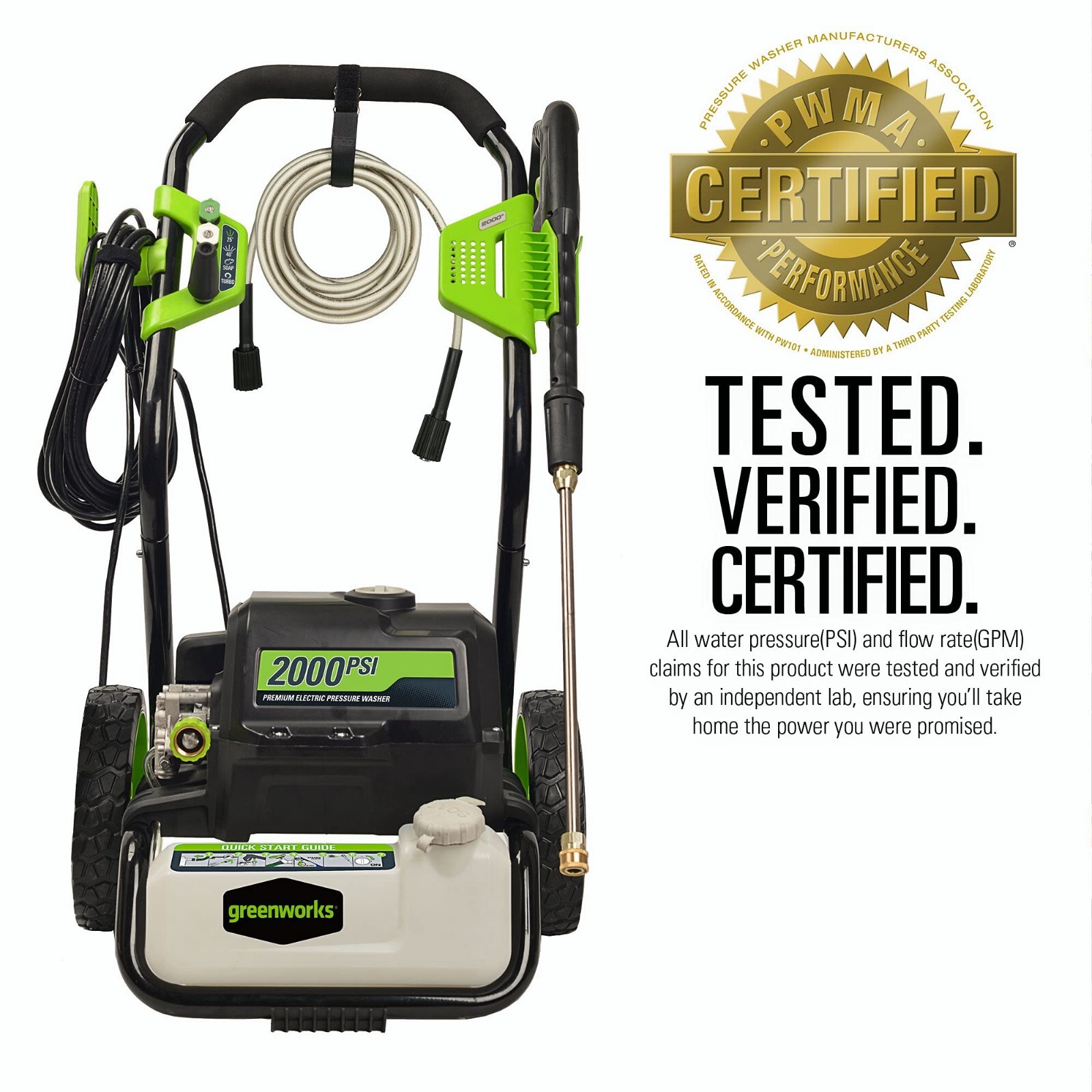 Greenworks 2000 PSI 1.2 GPM Electric Pressure Washer 25Ft Hose 35Ft Cord 4 Nozzl