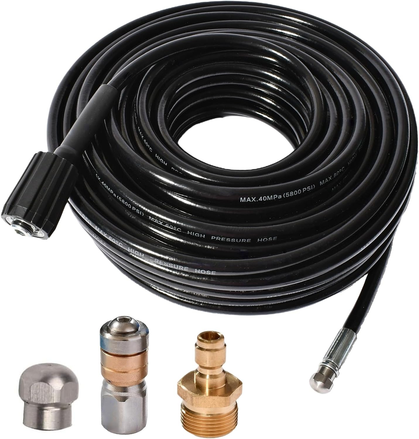 25FT 5800 PSI Pressure Washer Hose Jetter Nozzles Kit 1/8”NPT Sewer Drain Rot…