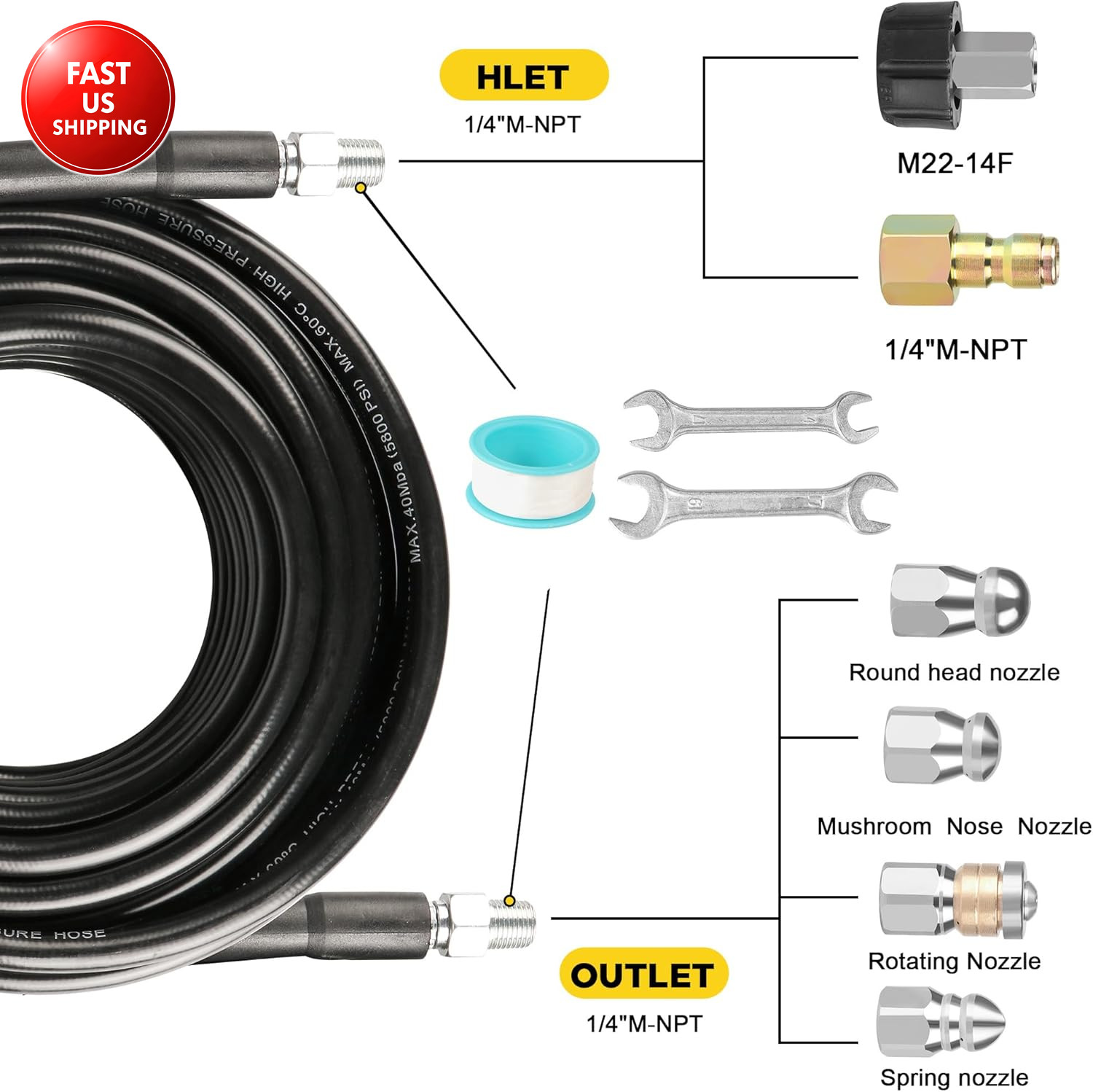 Pressure Washer Drain Jetter – Sewer Jetter Kit for Pressure Washer 50Ft 1/4 Inc