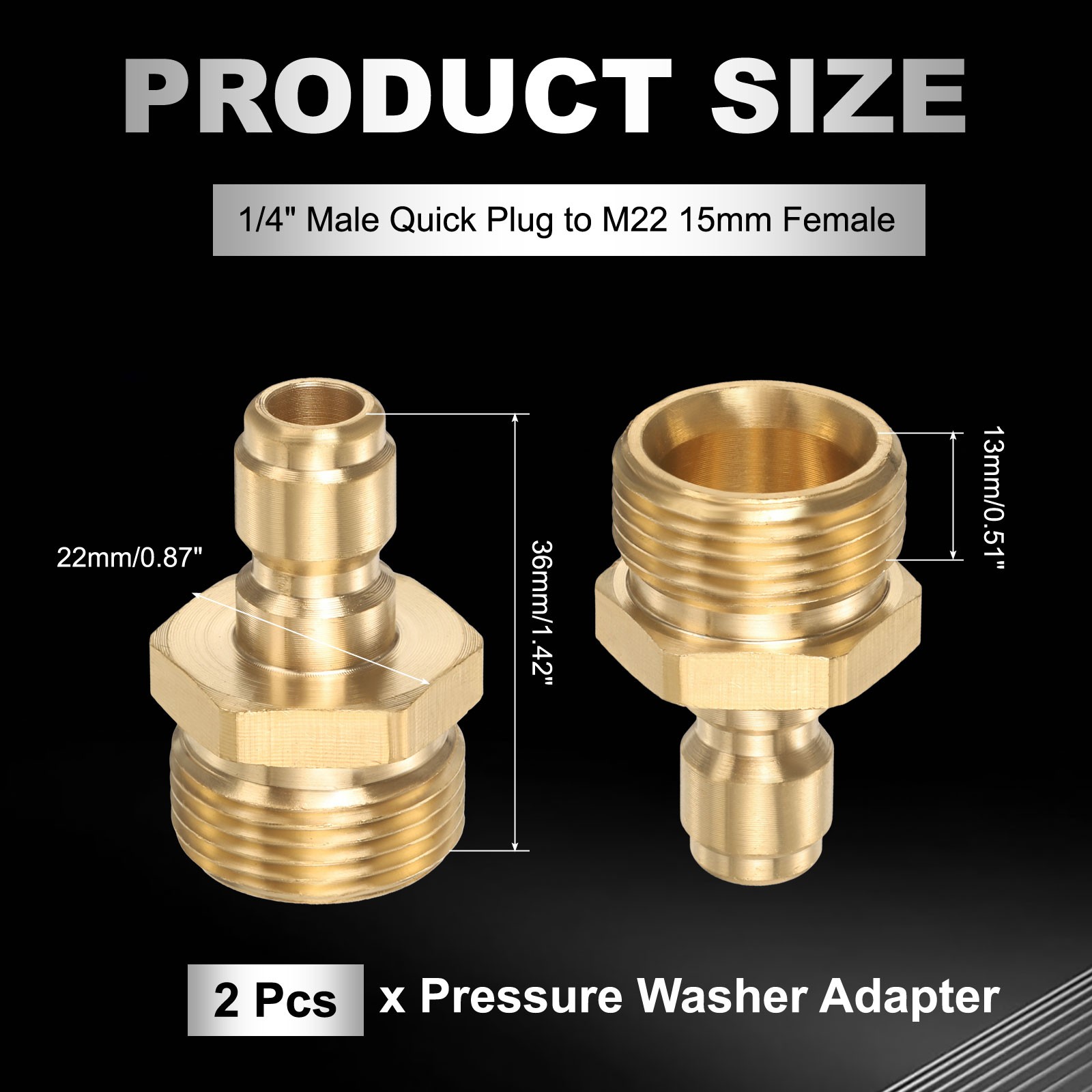 2Pcs Pressure Washer Adapter, 1/4″ Male Quick Plug to M22 15mm Female Brass