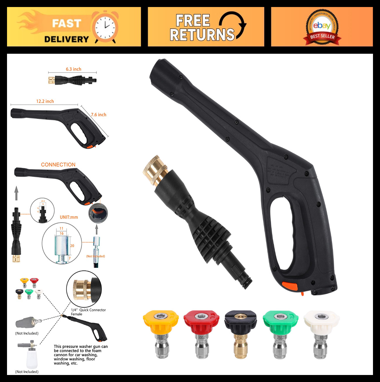 Pressure Washer Gun Kit 17″ with 5 Nozzles & Adapter – Fits Most Power Washers