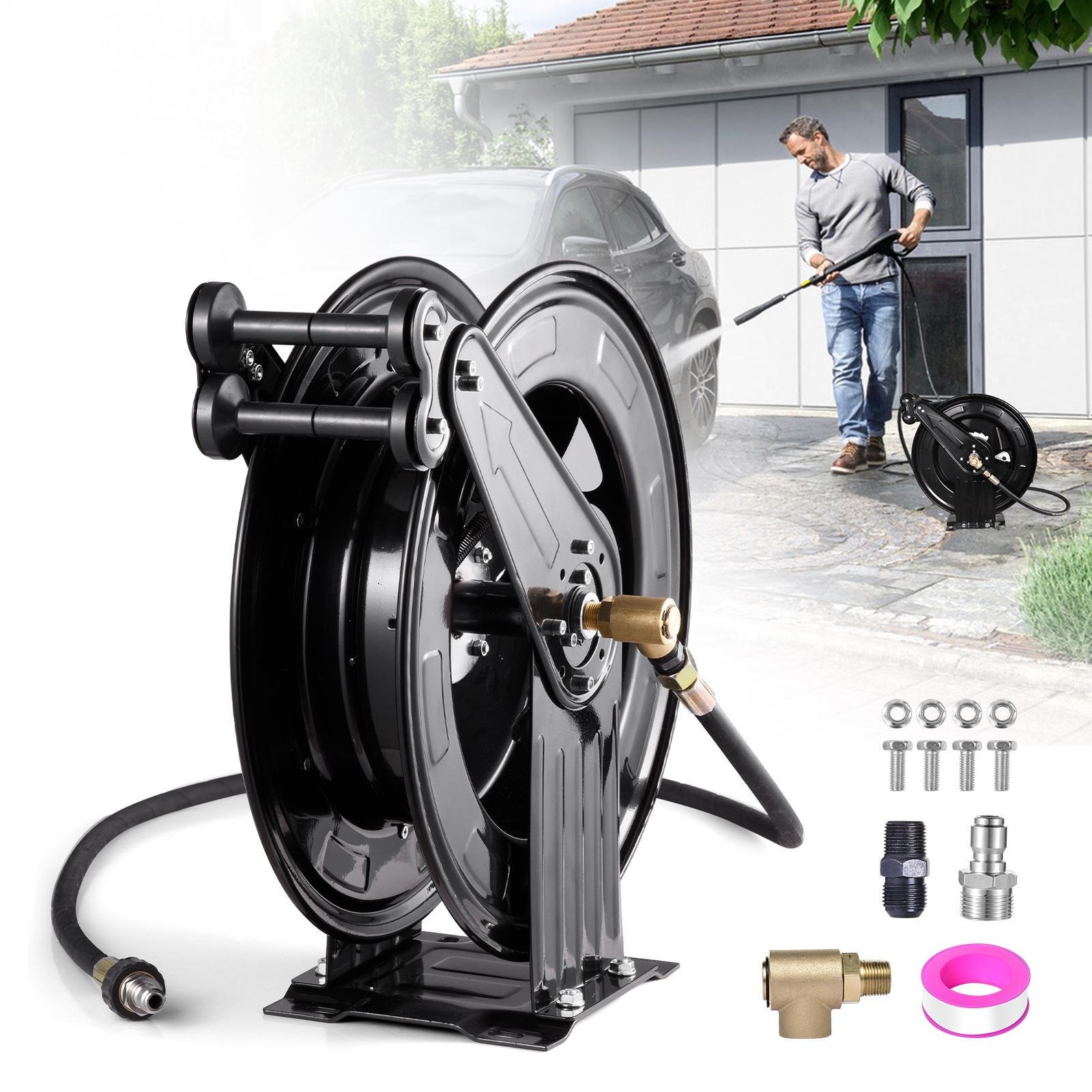50FT x 3/8″ Auto-Retractable Pressure Washer Hose Reel, Heavy Duty Double Arm–
