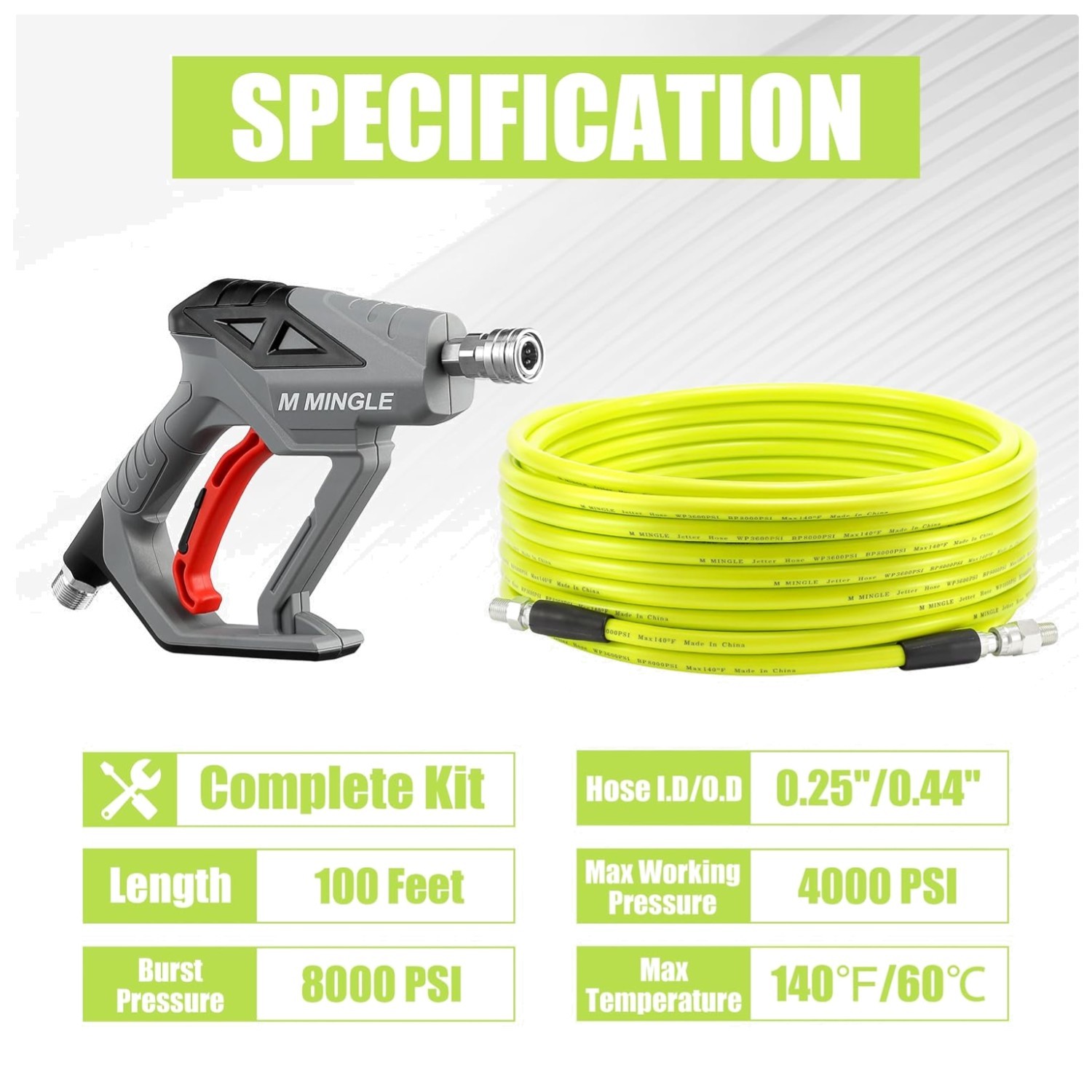 Corner Rotating Nozzle Sewer Jetter Kit, 100 Ft