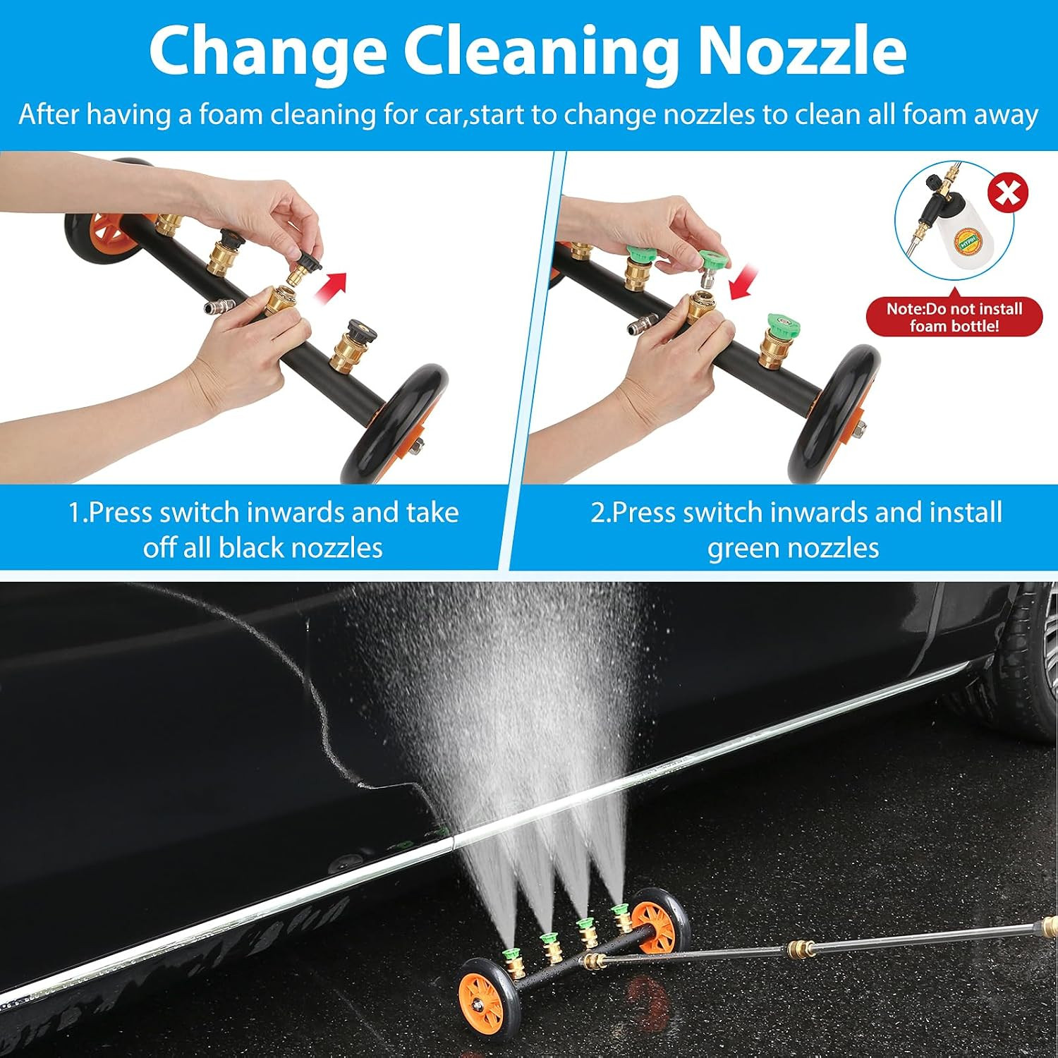 16″ Undercarriage Pressure Washer Water Broom Kit 4000 PSI Foam Bottle 8 Nozzles