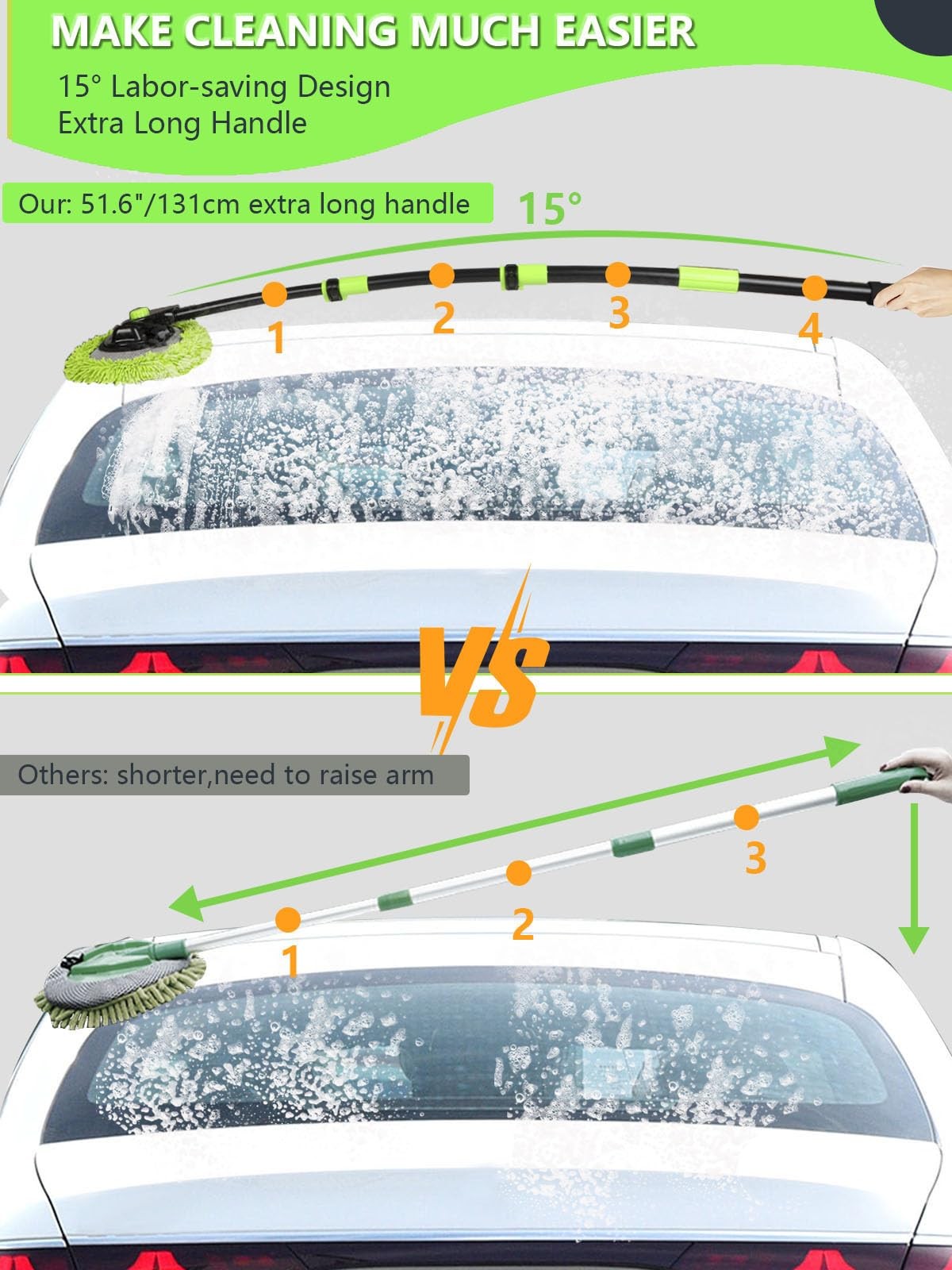 4 Sections Car Wash Brush with 15° Curved Aluminum Alloy Long 51.6″, Green