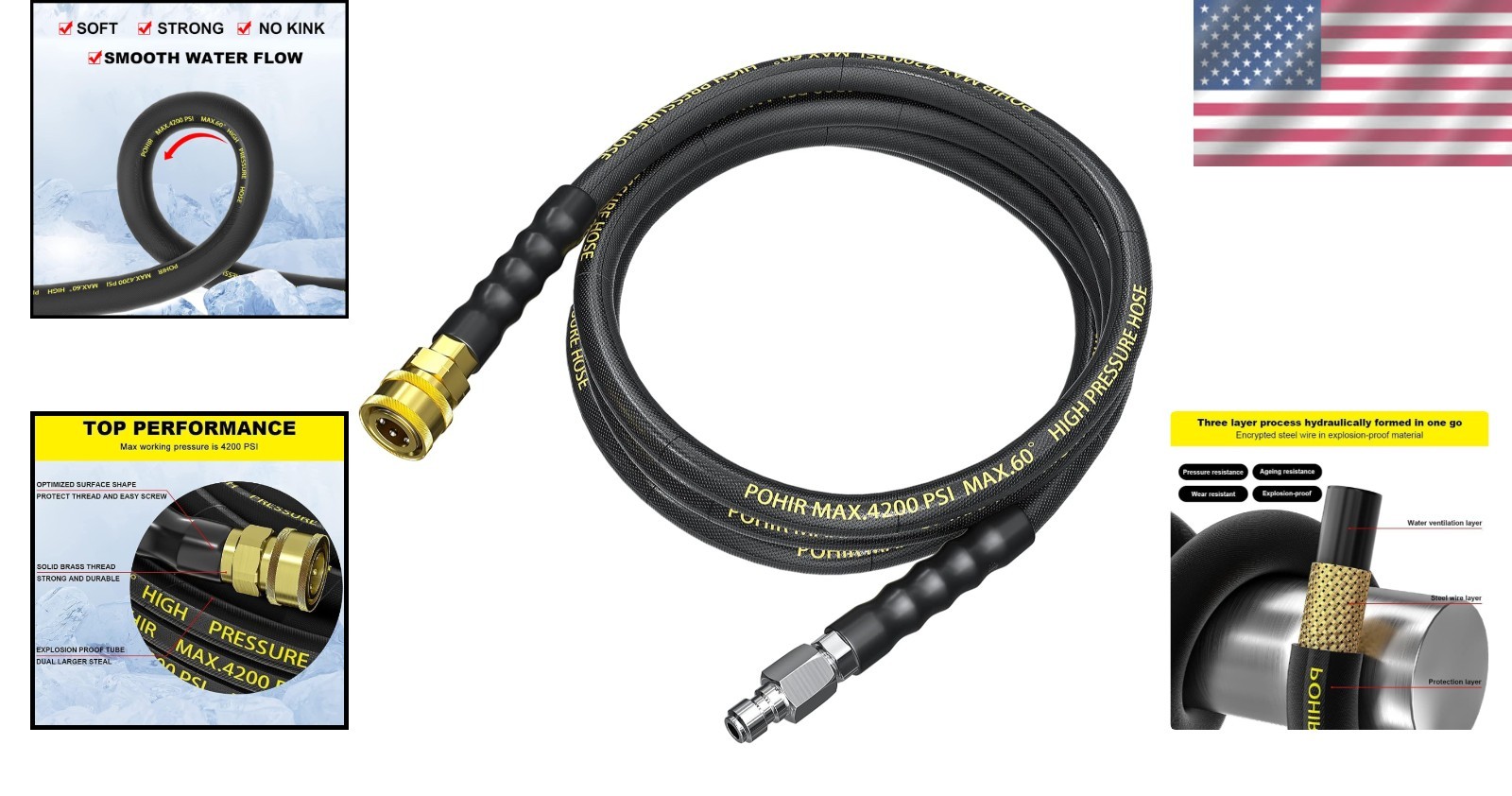 Durable Power Washer Hose – 10FT, 4200 PSI, Steel Wire Braid