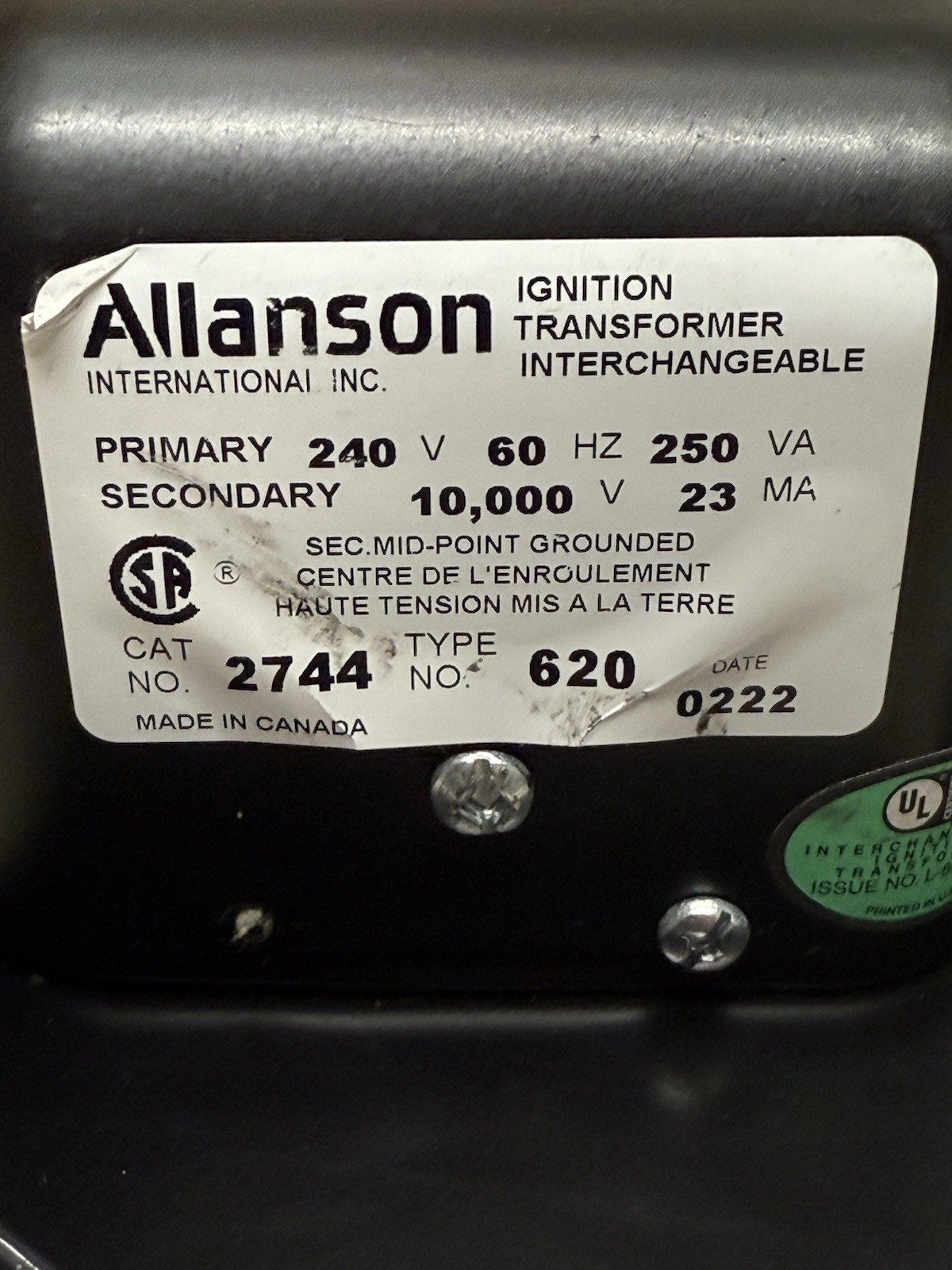 Allanson Burner Transformer 2744-620, Wayne 23103/E, EH-EH, 230V