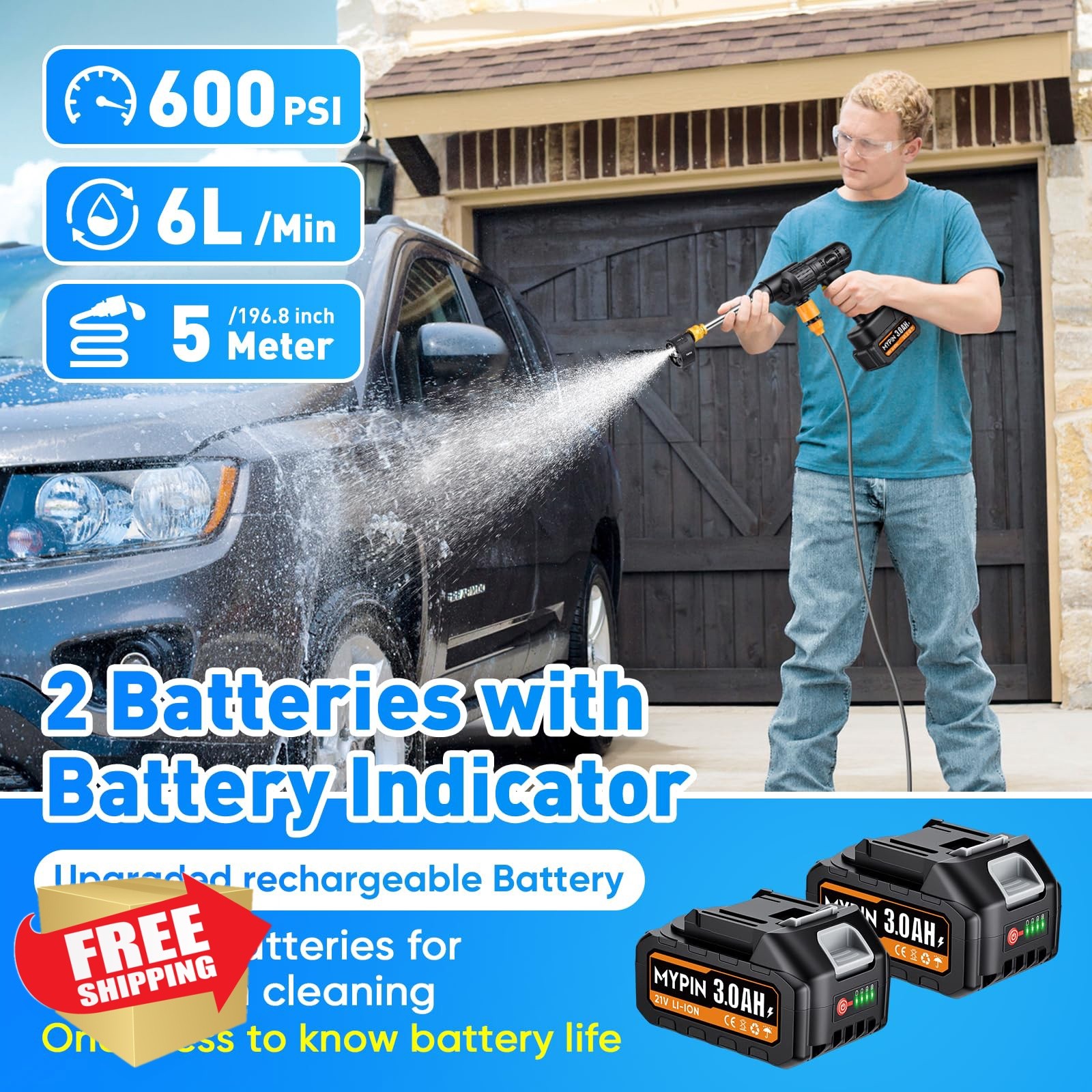 MYPIN 600PSI Cordless Pressure Washer Battery Display