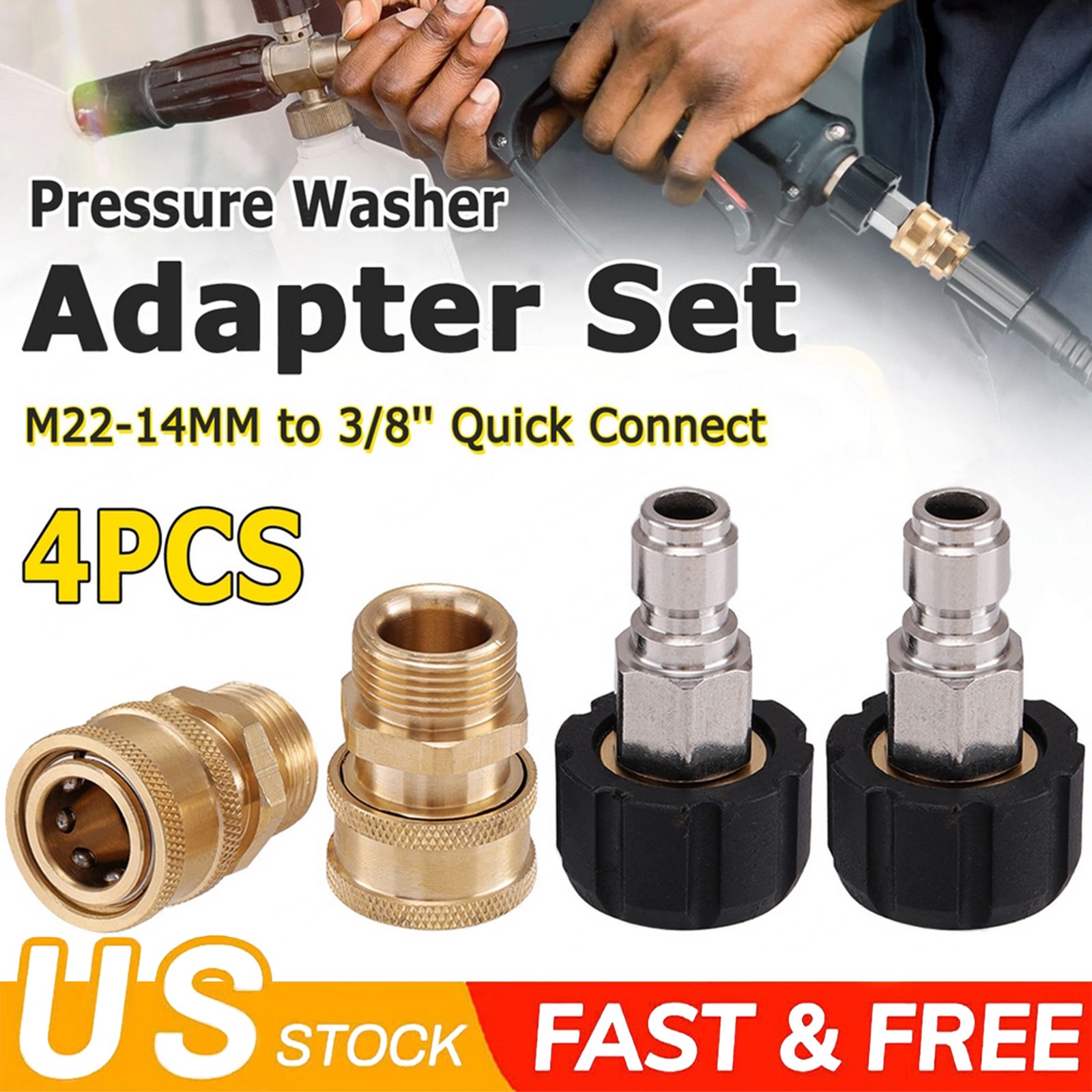 4x Pressure Washer Adapter Set Quick Disconnect Kit M22-14MM Swivel 3/8”Connect