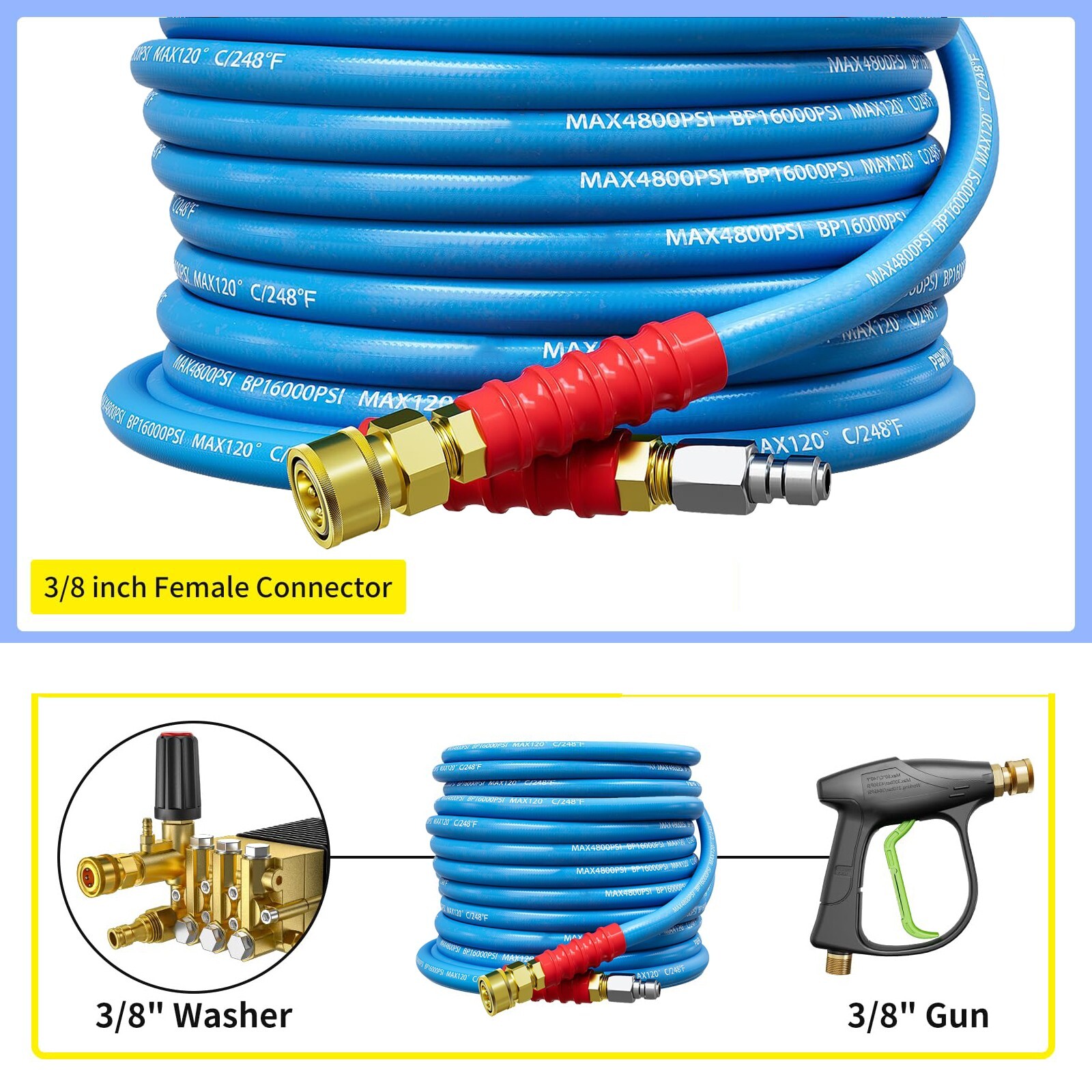 3/8″ 4800 psi Hot Water Rubber Pressure Washer Hose 30 ft 248℉ Extension Cable