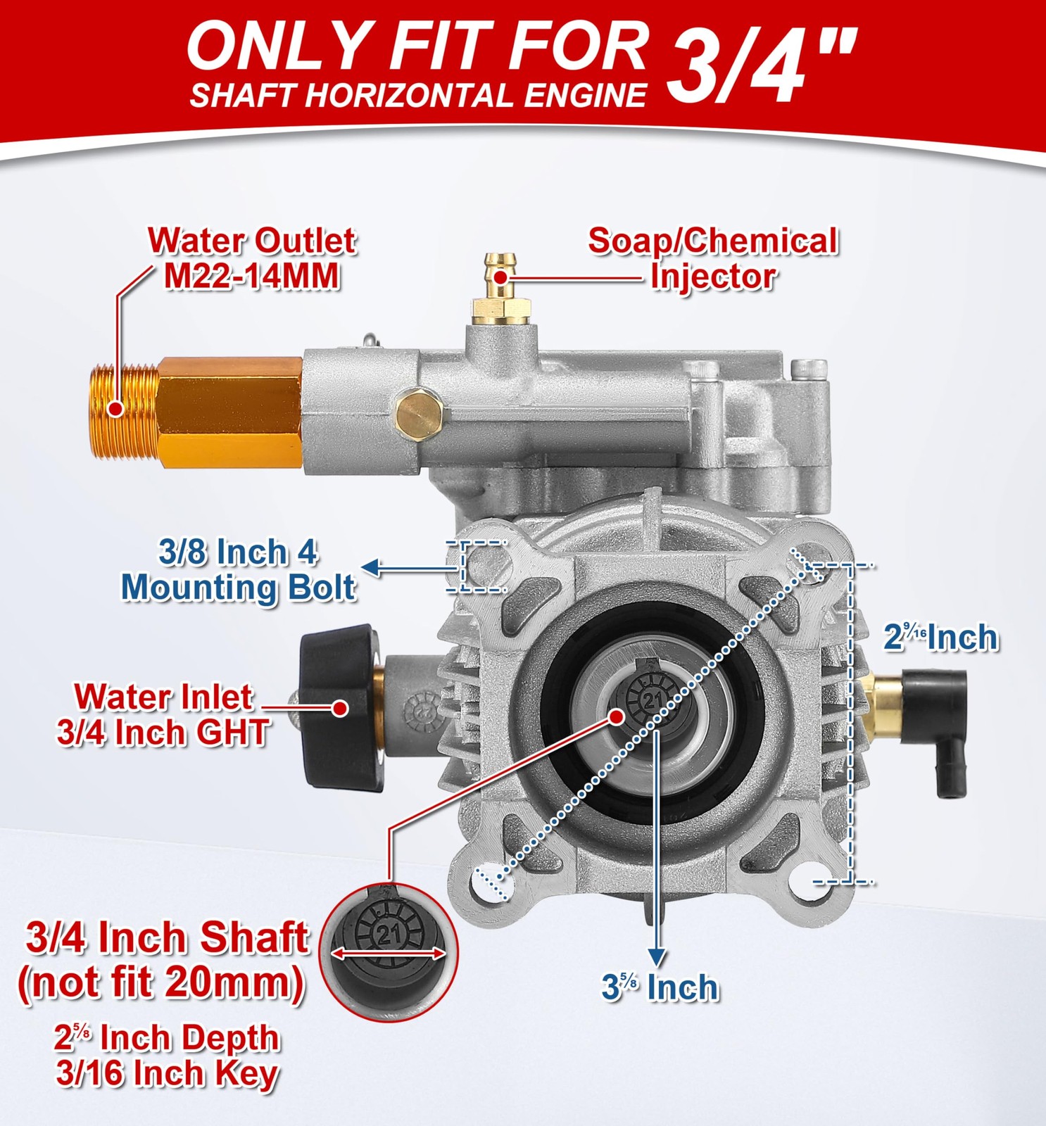 M MINGLE 3/4 Shaft Horizontal Pressure Washer Pump – 3000 PSI Power Washer Pump