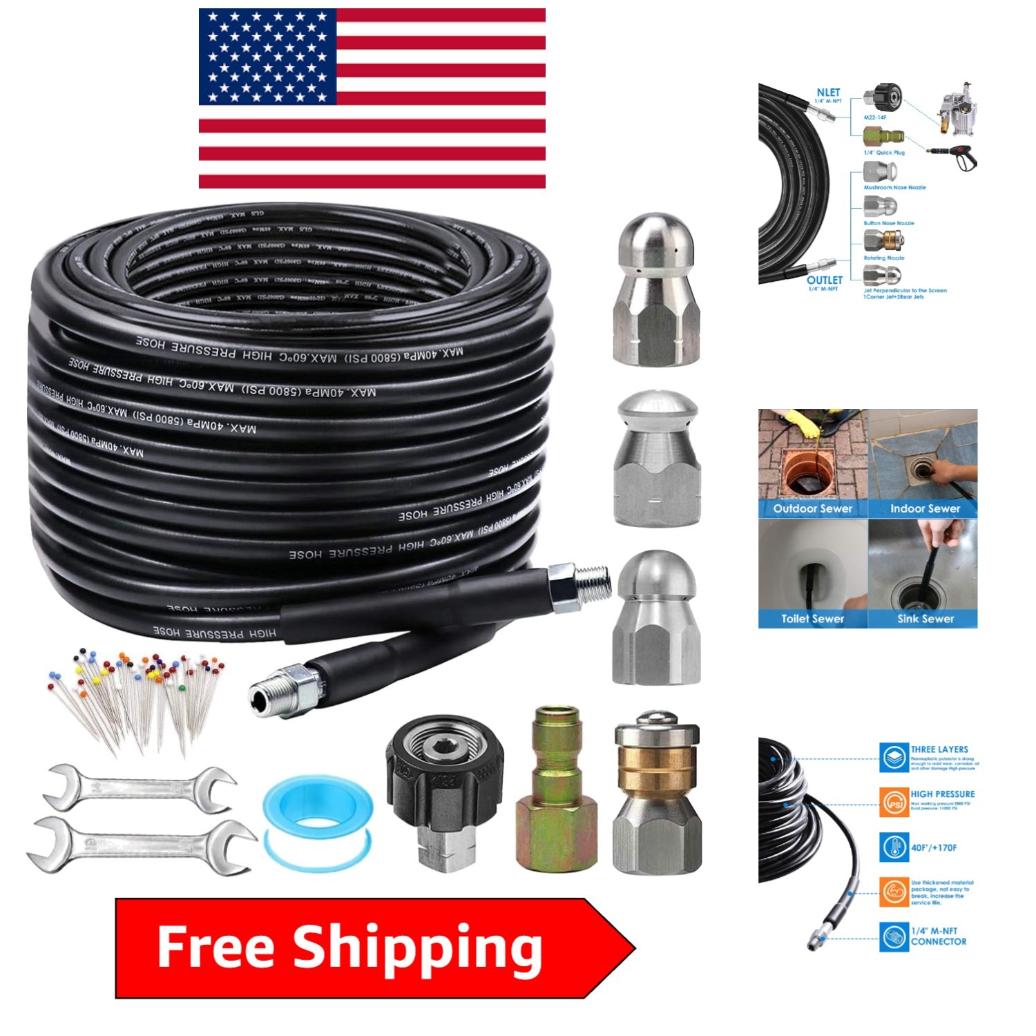 High-Pressure 100FT Sewer Jetter Kit for Effortless Drainage Maintenance