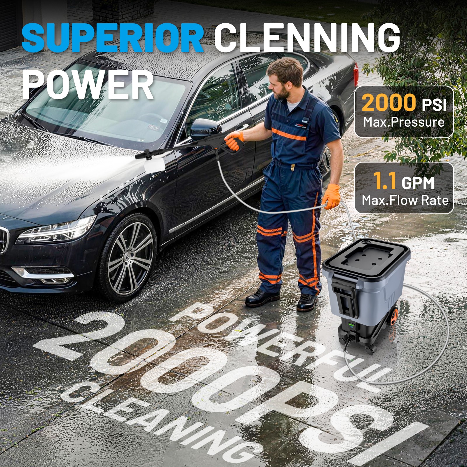 21V Electric Washer 2000 PSI Portable with 4 Wheels & Multi-Use Tank