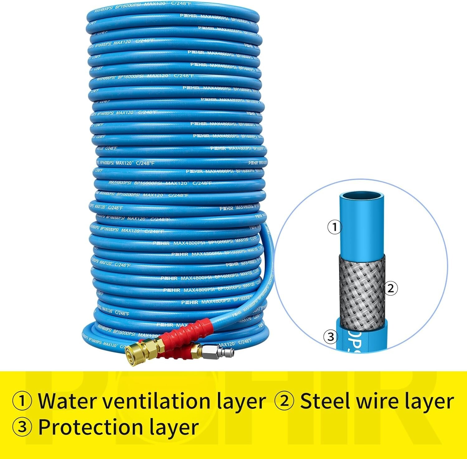 POHIR 4800PSI 150FT Pressure Washer Hose 3/8″ Flexible Power Wire Extension Hose