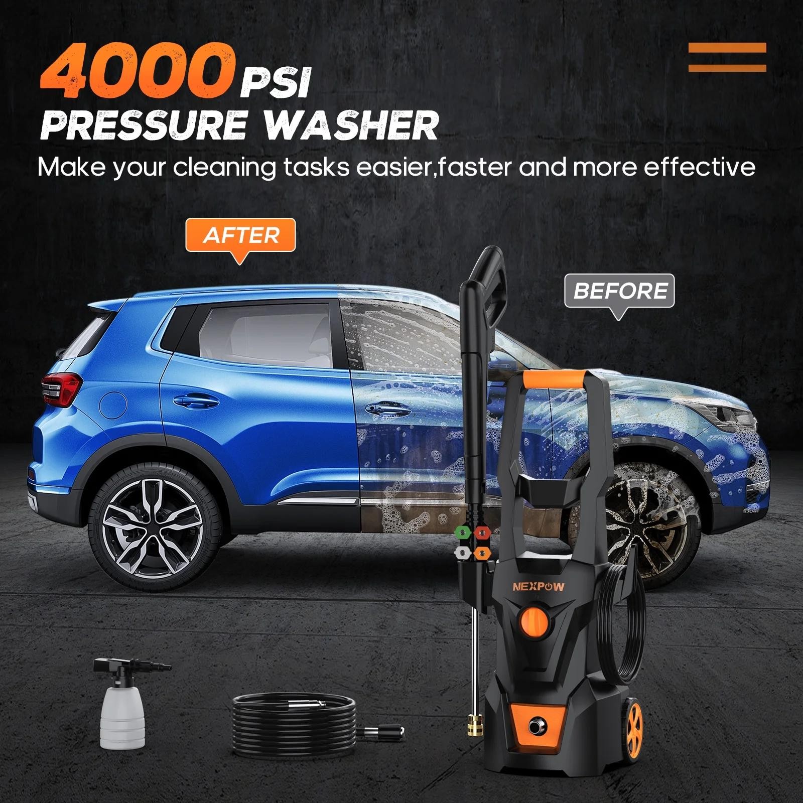 Electric Pressure Washer 4000 Max PSI 2.6 GPM Foam Cannon 4 Quick Nozzles 30FT H