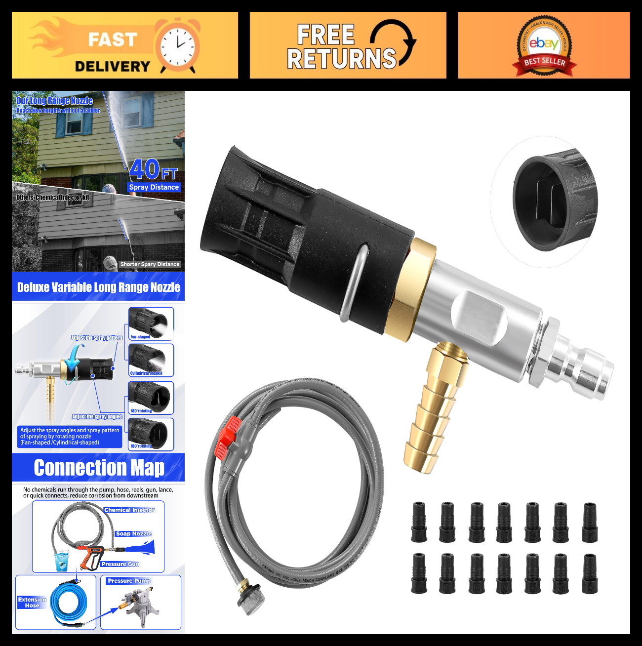 Adjustable Long Range Pressure Washer Nozzle Kit, 3-3.5 GPM, 2000-3000 PSI, Quic