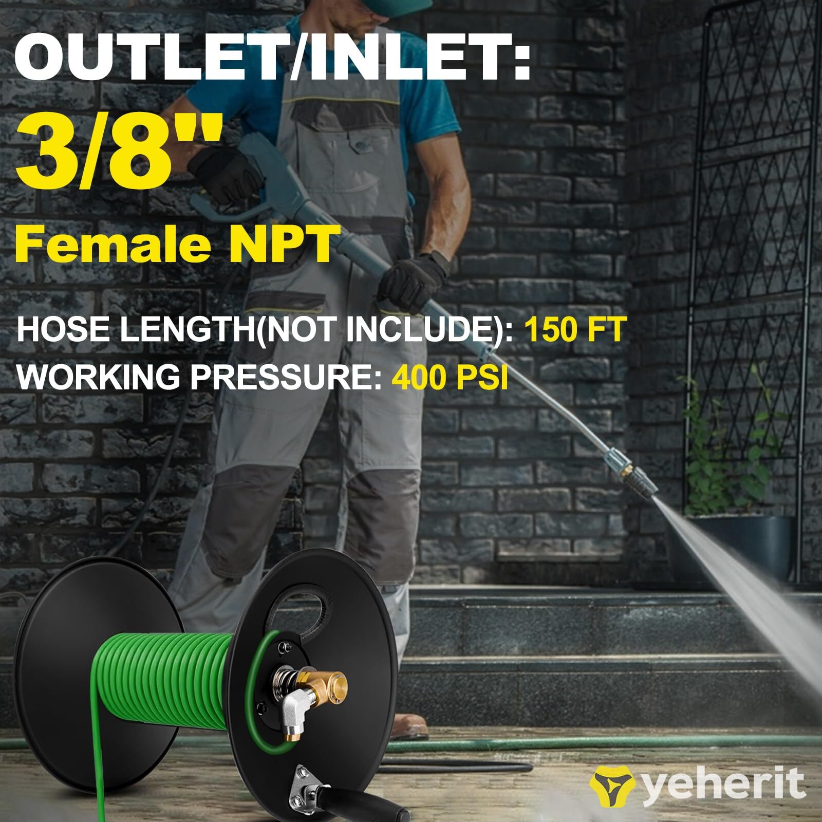 Pressure Washer Hose Reel, 100FT High Pressure Hose Reel with Hand Crank, 3/8″