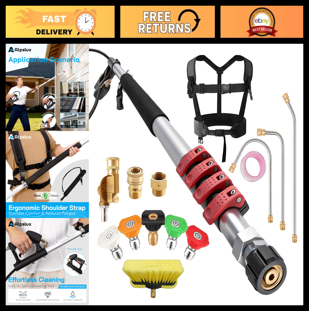 Telescoping Gutter Cleaning Tool Set – 24FT Pressure Washer Wand, Brush, Nozzles