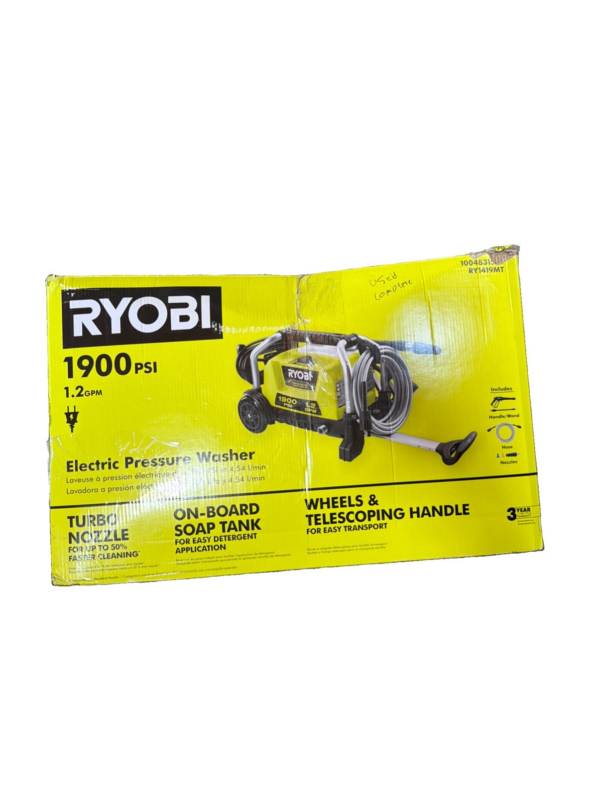 RYOBI 1900 PSI 1.2 GPM Cold Water Wheeled Corded Pressure Washer RY1419MT