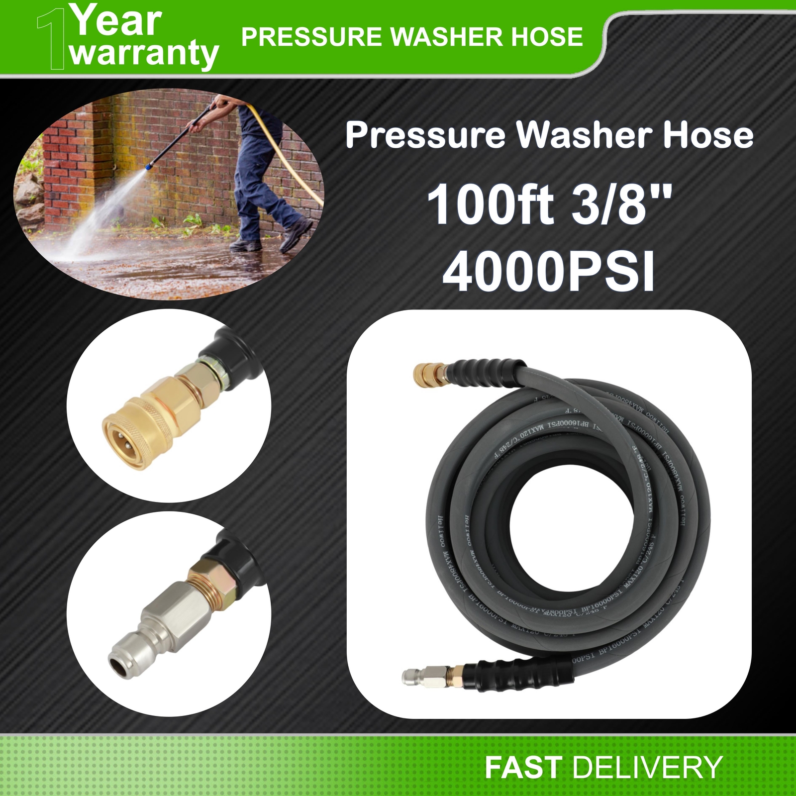 100ft Pressure Washer Hose 4000 PSI Non-Marking Gray With Couplers 275F 3/8″