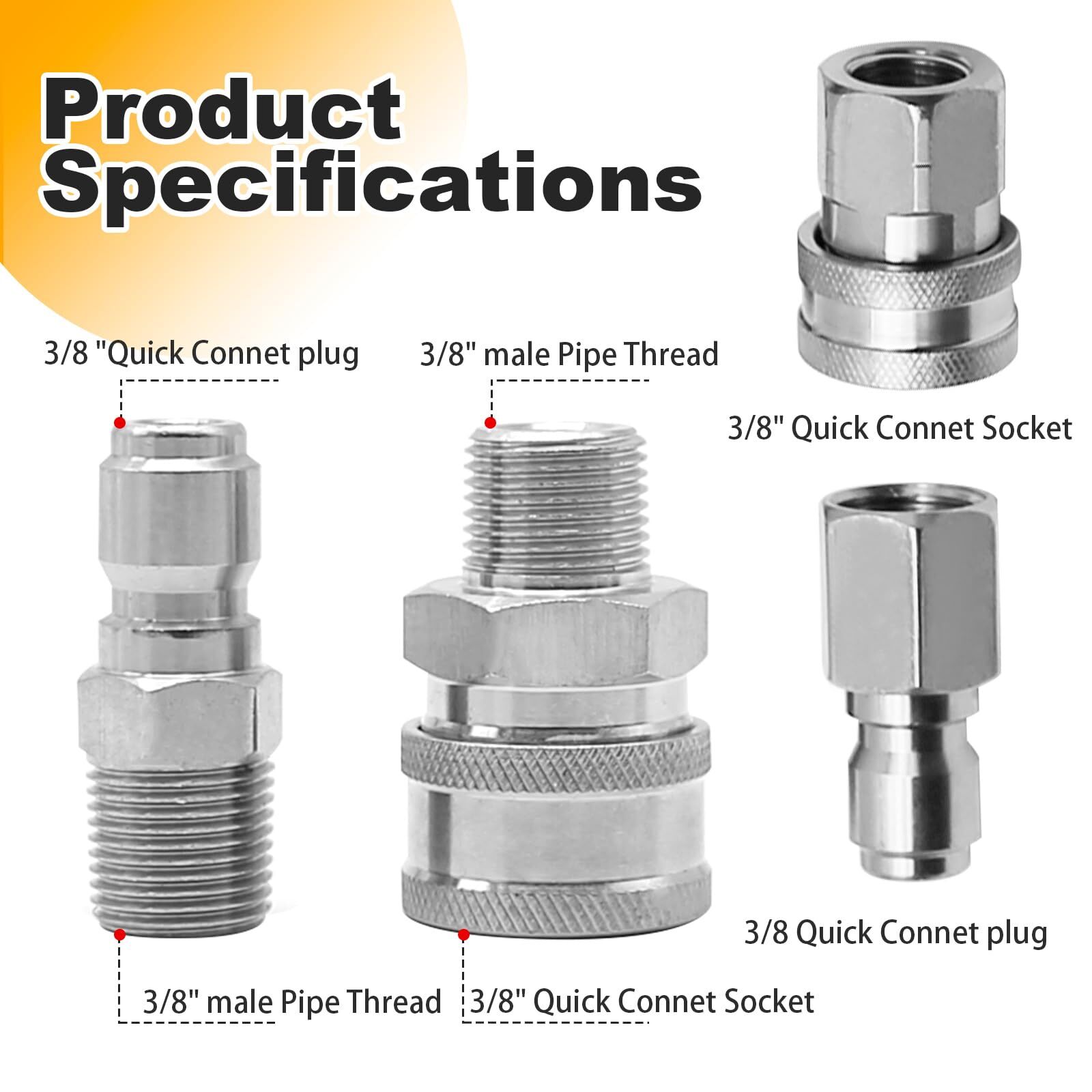 2 Sets 3/8 Inch NPT Stainless Steel Pressure Washer Quick Connect Plug Couple…