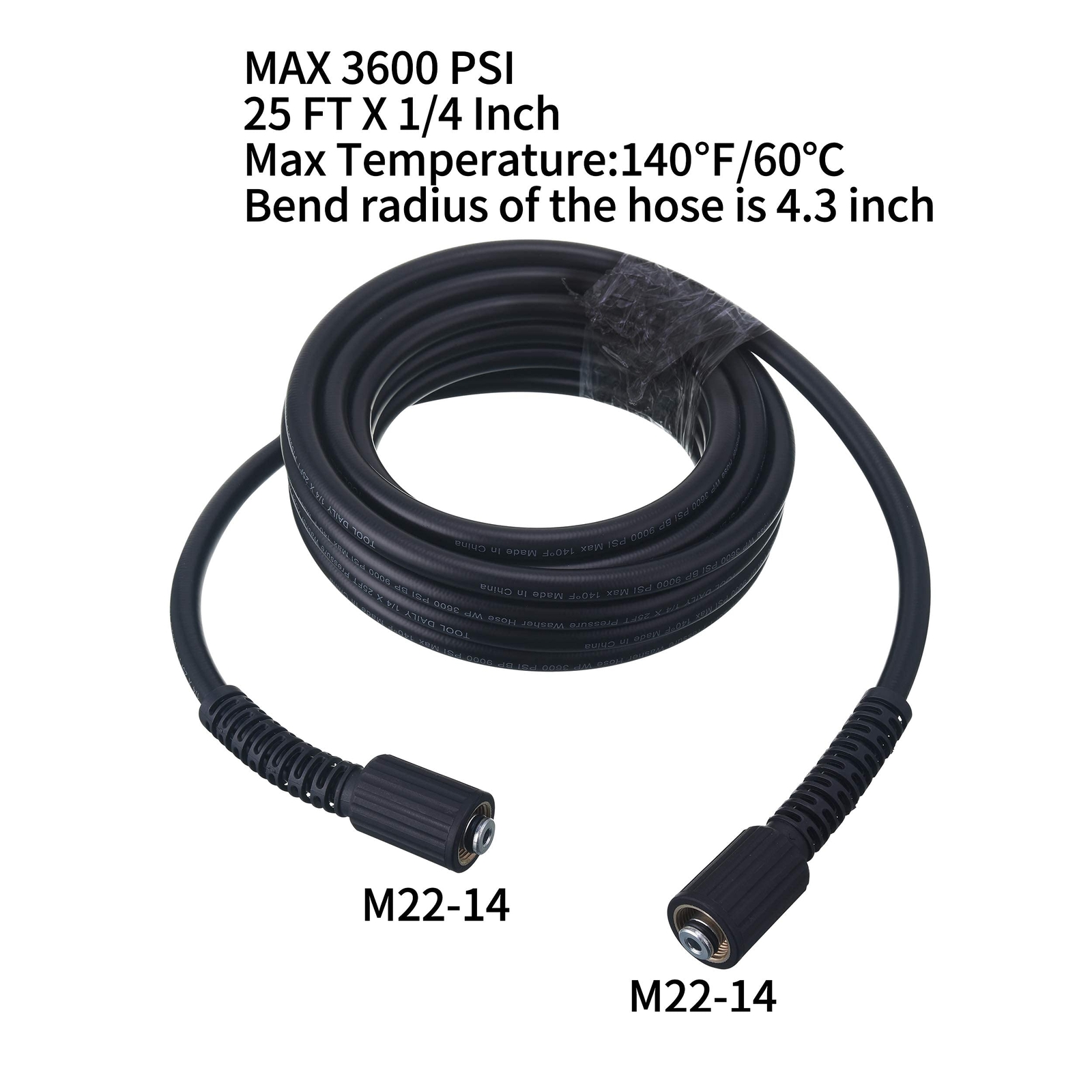 High Pressure Washer Hose 25 FT X 1/4 Inch 3600 PSI M22 14mm Power Washer Hos…