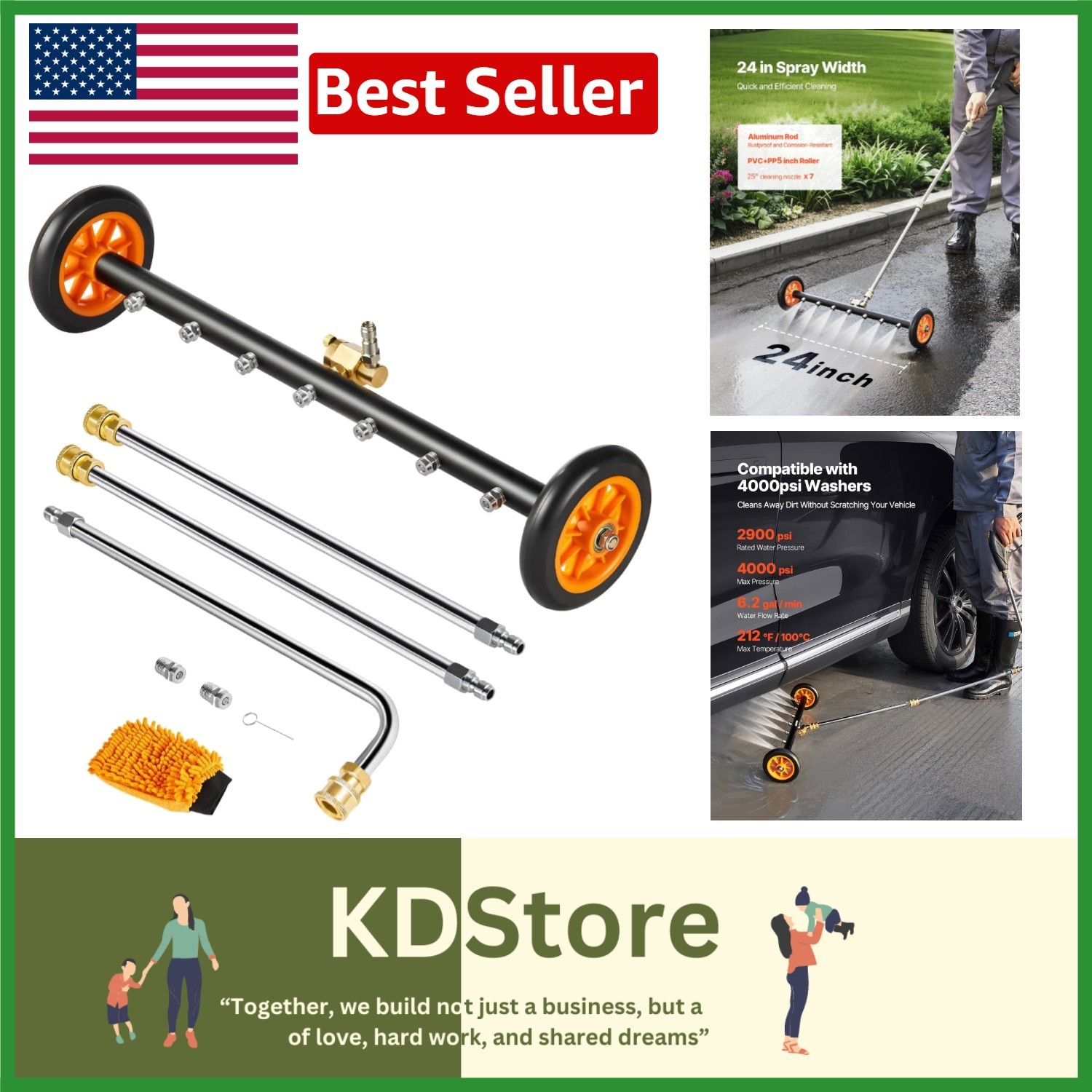 24-Inch Stainless Steel Pressure Washer Undercarriage Cleaner – 4000 PSI, 7 N…