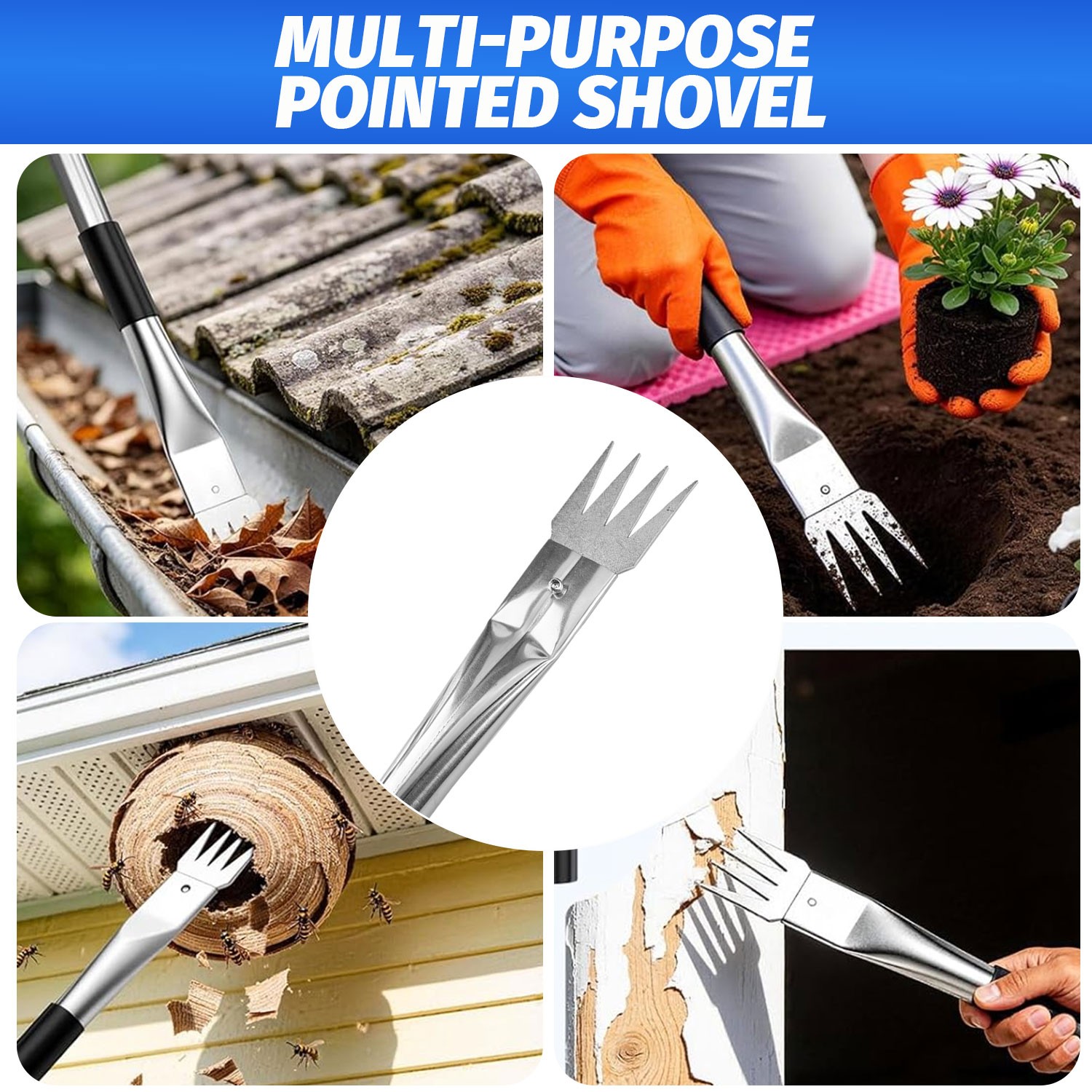 3-in-1 Gutter Cleaning Tools with Brush Rake Scoop Glove 180° Rotating Pole