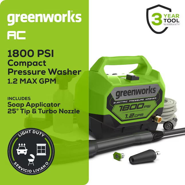 New GreenWorks 1800 PSI Compact Cold Water Pressure Washer 1.2 GPM