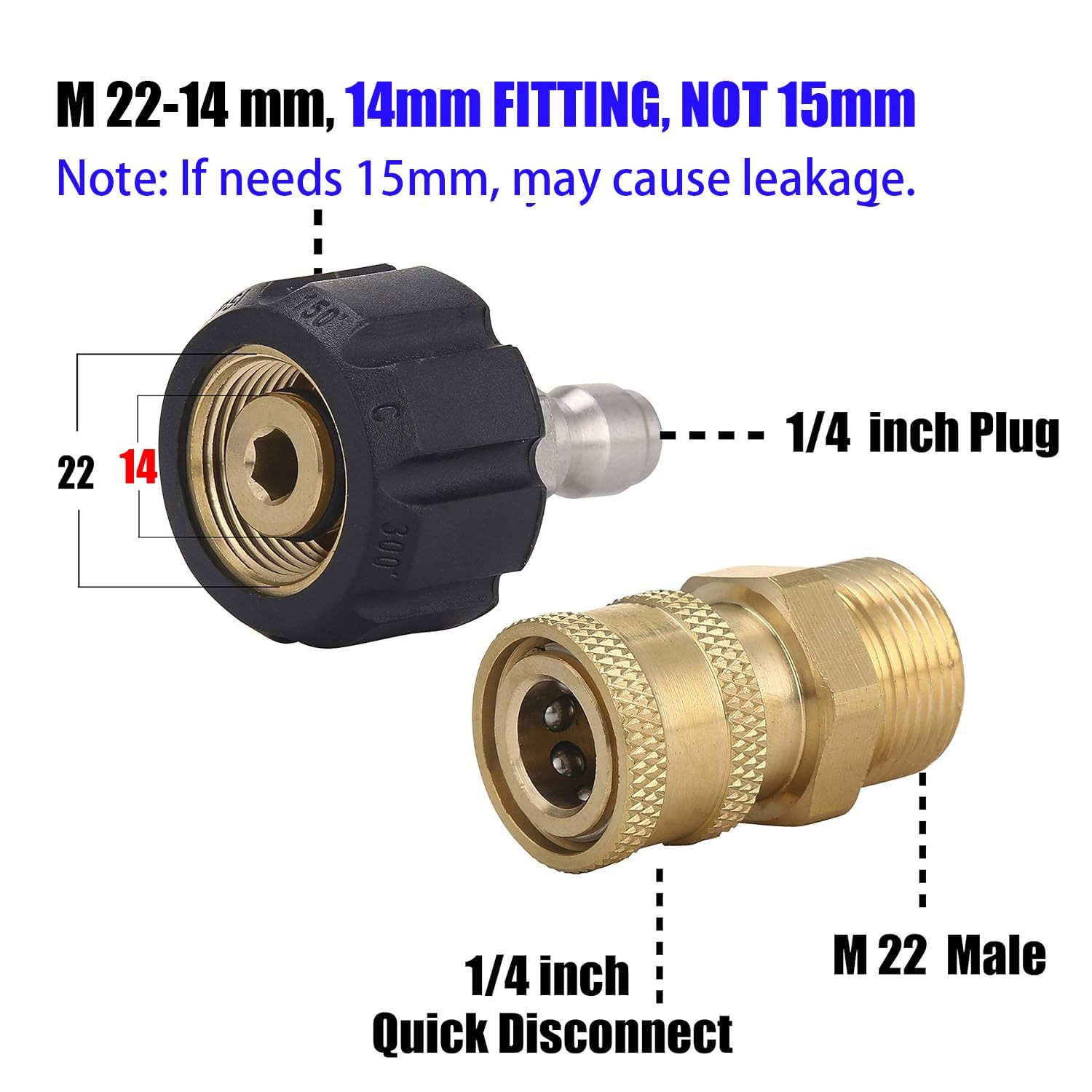 Pressure Washer Adapter Set, Quick Connect Gun to Wand, M22 14mm to 1/4 Inch