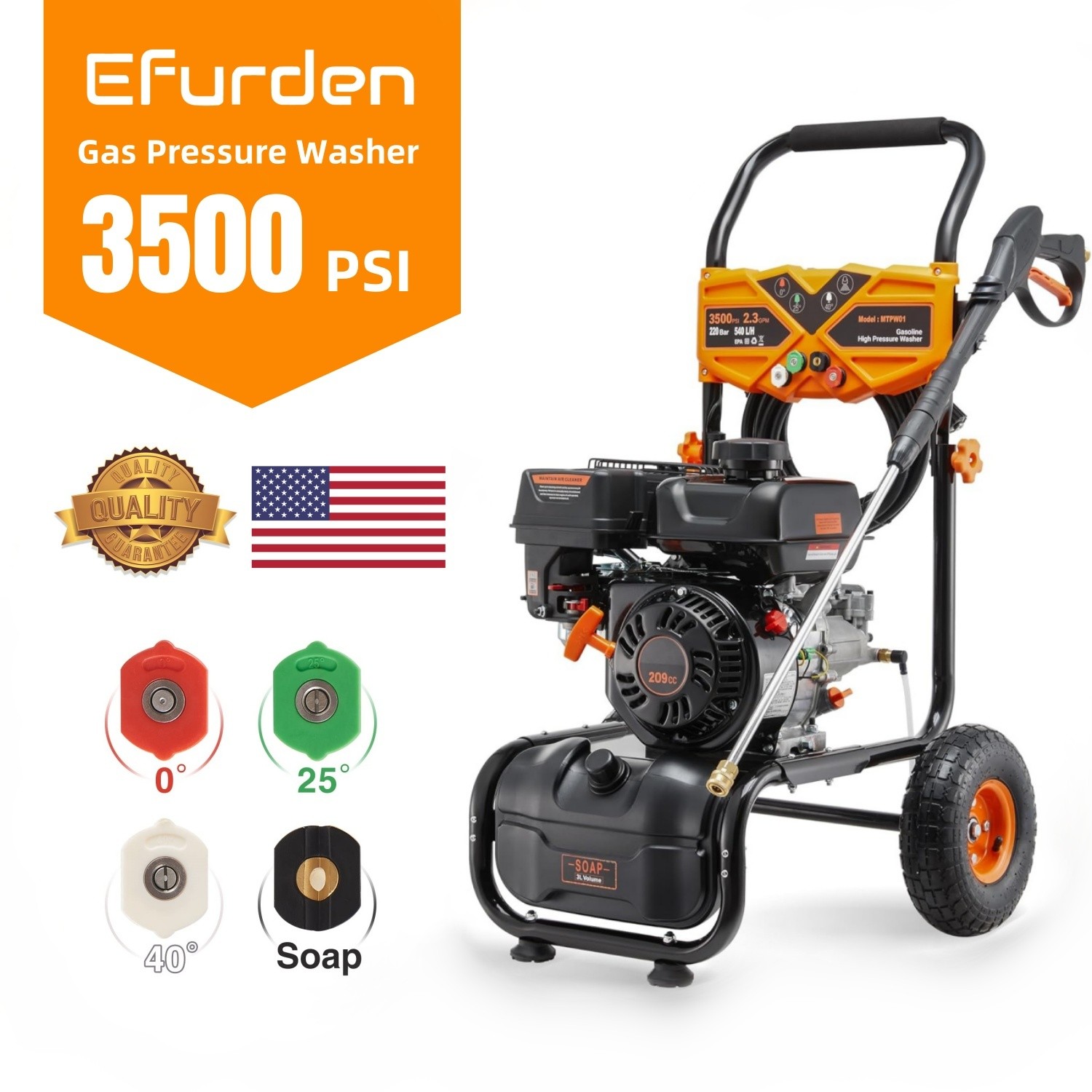 Efurden Cold Water Pressure Washer Gas Washer 3500 PSI 2.3 GPM 209cc 4 Nozzles