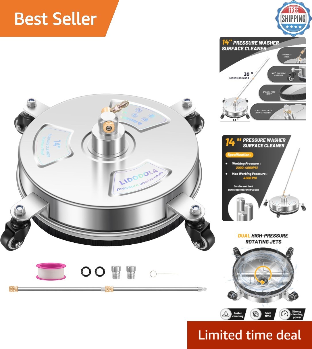 Effortless 14” Pressure Washer Surface Cleaner – Wheels for Smooth Maneuvering