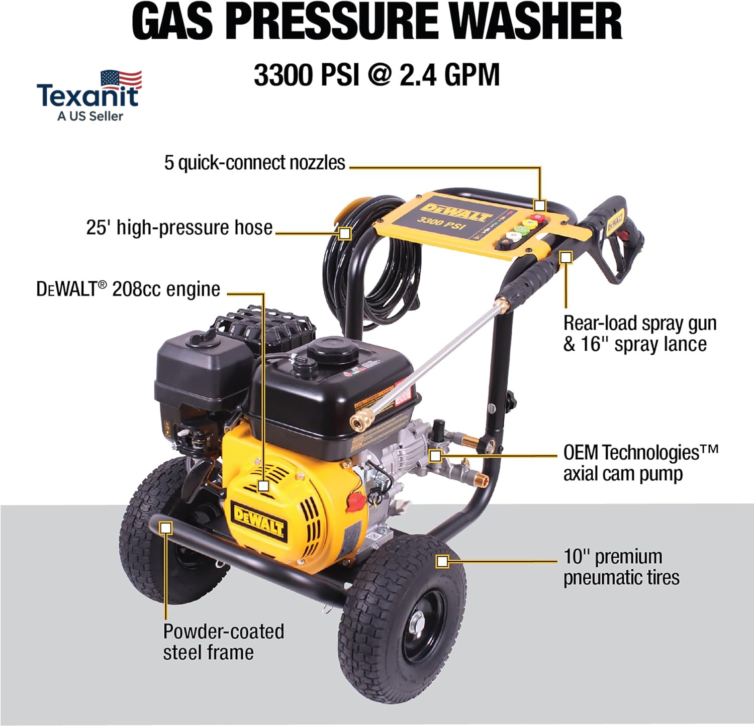 3300 PSI Gas Pressure Washer, 5 Nozzles, Spray Gun, Wand, 25-Ft. Hose, DXPW3300-