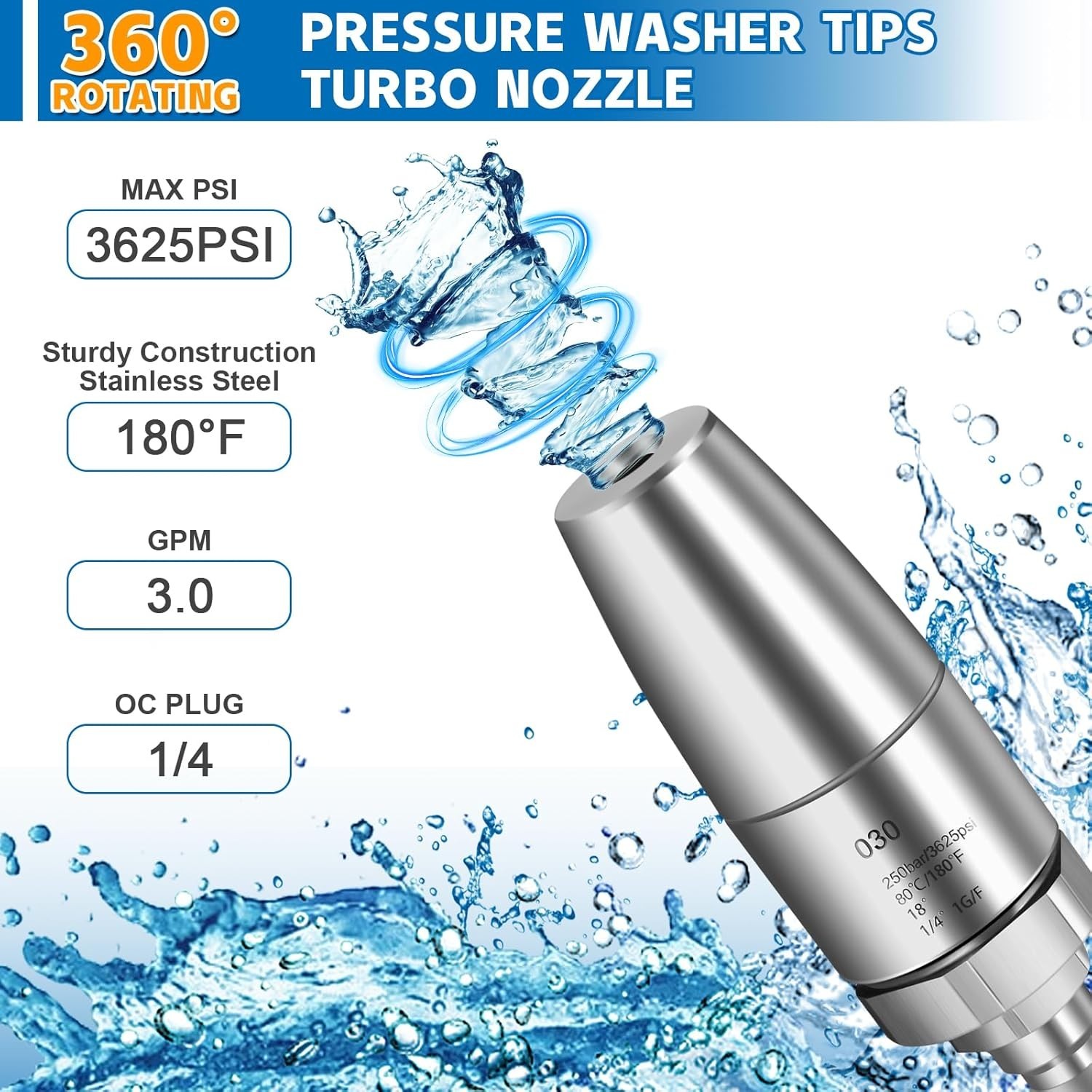 Stainless Steel Turbo Nozzle Pressure Washer, 360° Rotating Pressure Washer T…