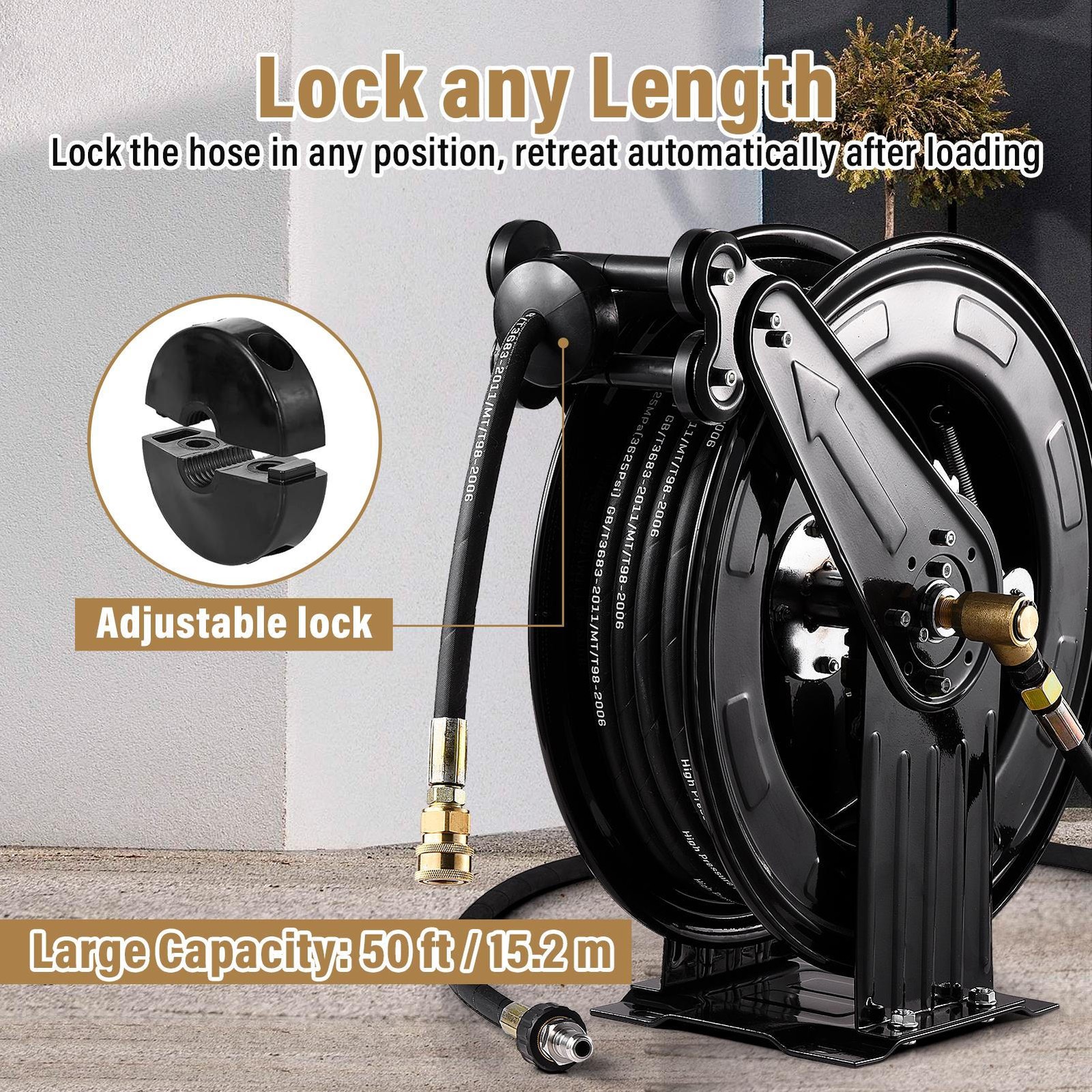 Heavy Duty 3/8″ x 50 ft Retractable Pressure Washer Hose Reel, 4000PSI Hose