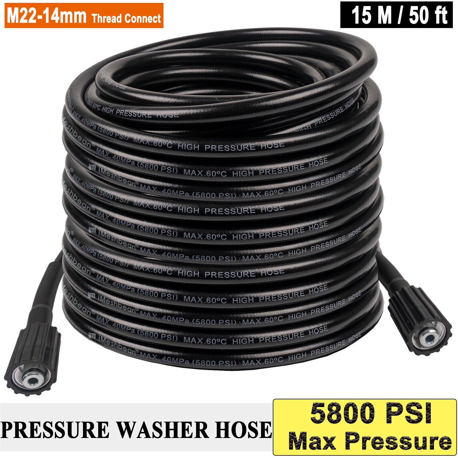 50 FT Pressure Washer Hose Replacement Power Wash Extension M22 Thread Connector