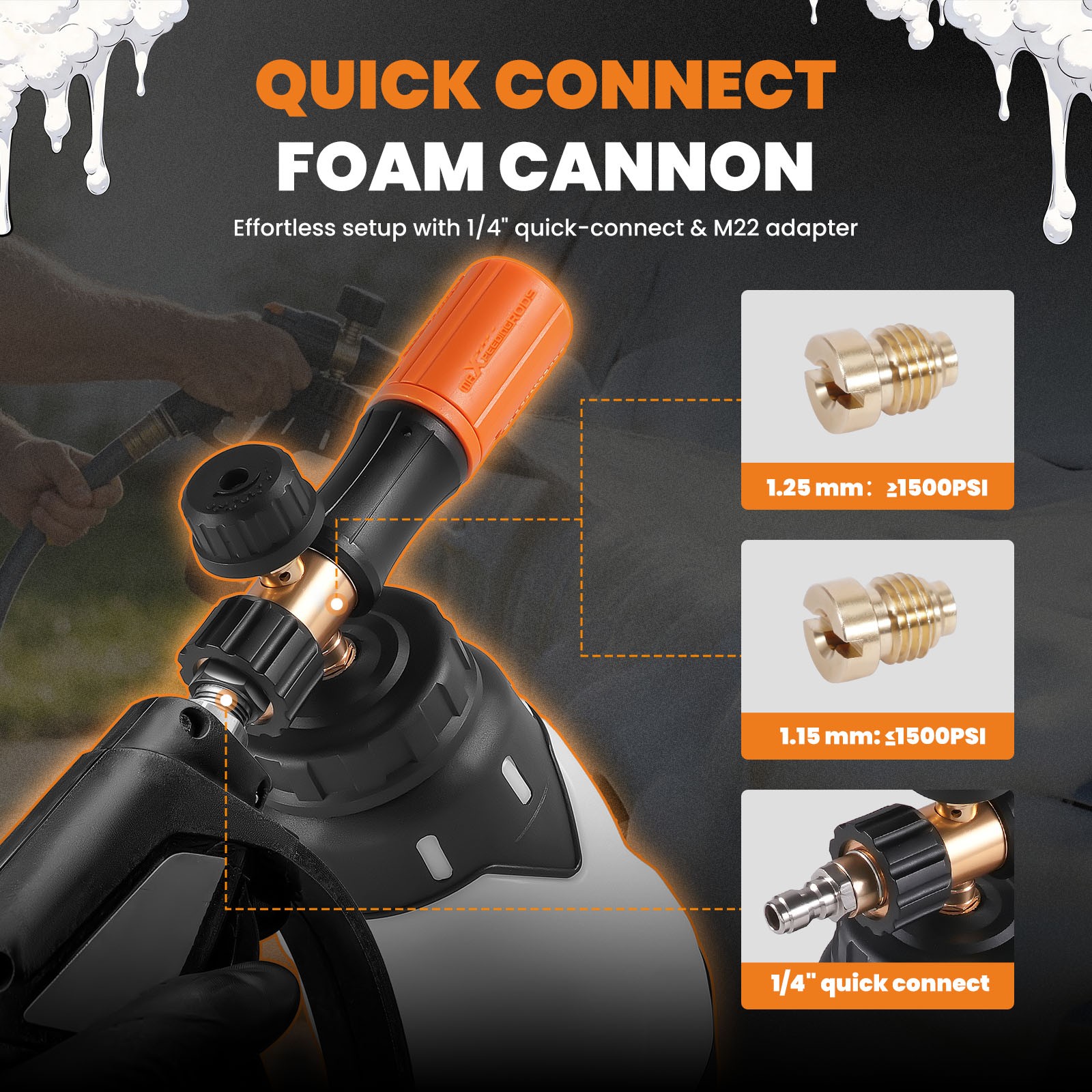 Pressure Washer Foam Cannon 1.3L for Adjustable Nozzle 1/4″ QC Thick Snow Foam