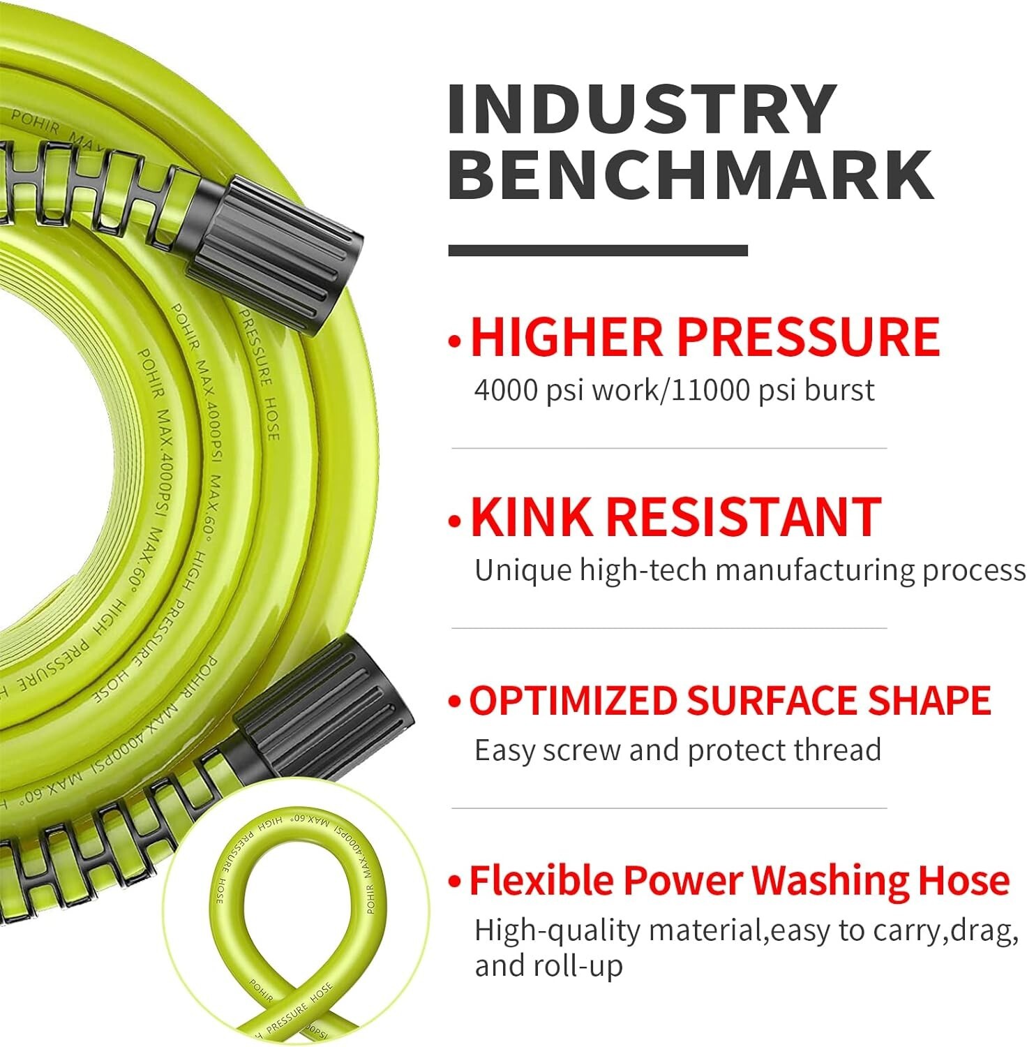 POHIR 3600 PSI Pressure Washer Gun 50FT Flexible Power Washing Hose and 15″ Wand