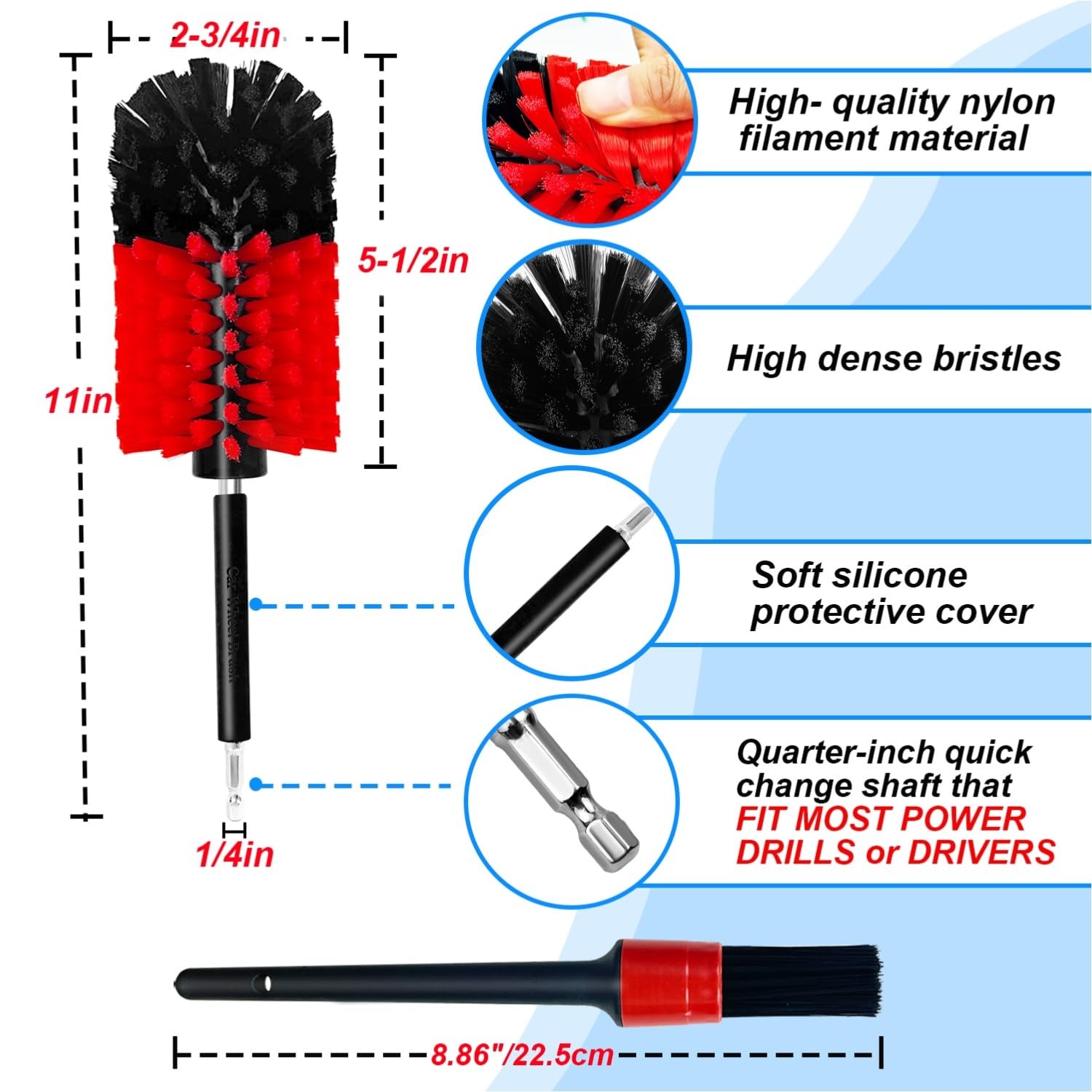 Wheel Brush Kit, Soft Drill Cleaner Brush, No Scratches Red/Black,2pcs